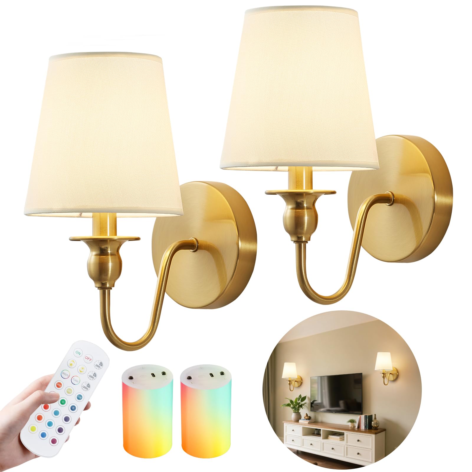 Nuanshued Battery Operated Wall Sconces, Dimmable LED Bulb, 2 Pack, Wireless, Gold, Model BL0050