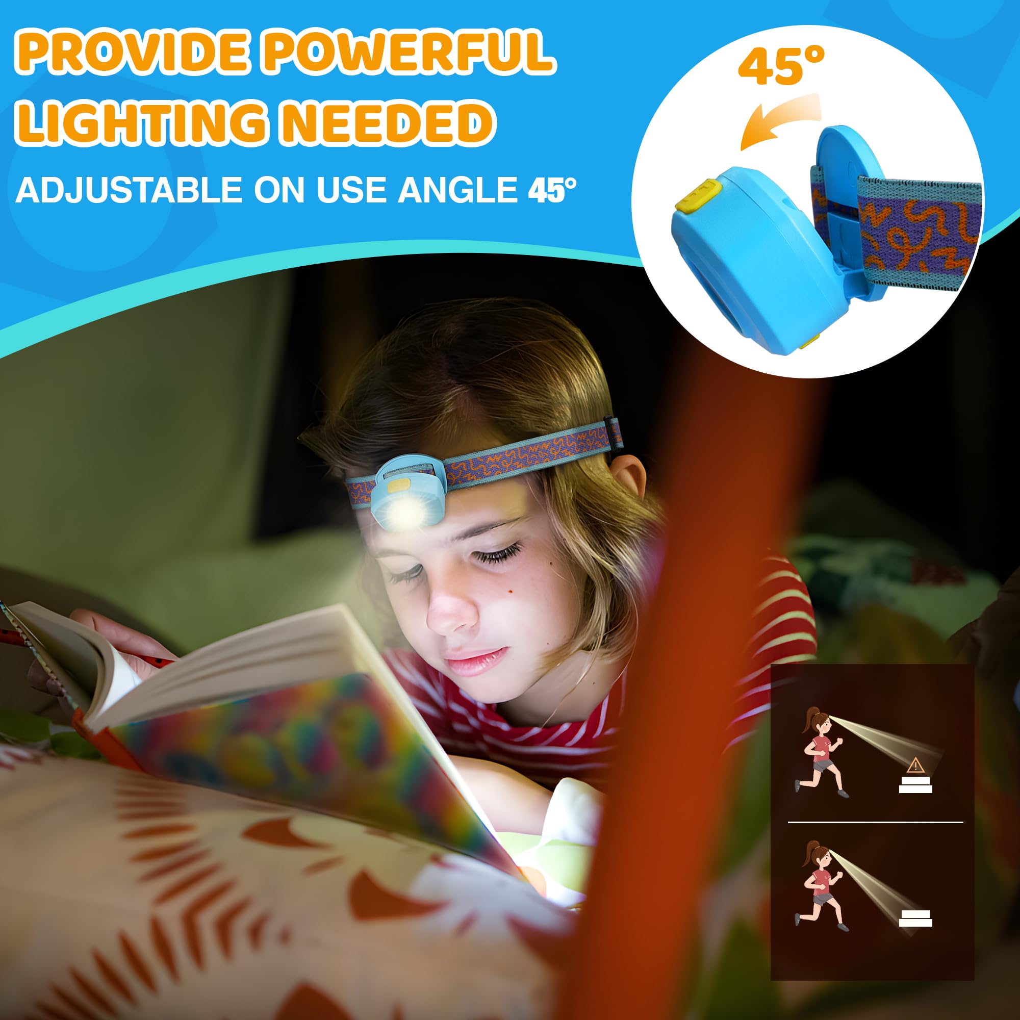 EverBrite Rechargeable LED Headlamp for Kids, RGB Mode, Adjustable Headband, Multicolor, Model E021056, Azure