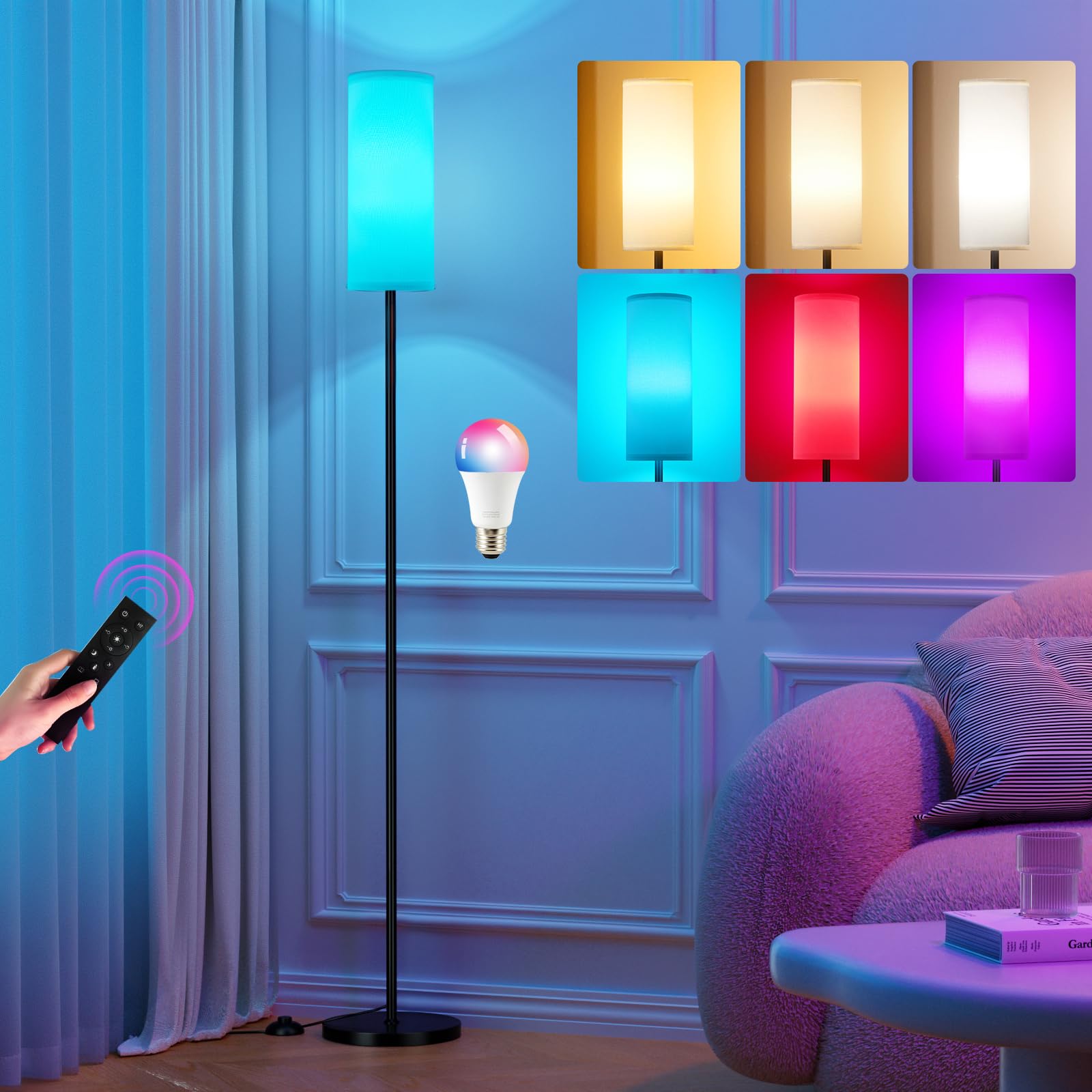 Ambimall 64in  RGB Floor Lamp with Remote Control, Stepless Dimmable, Metal, White Shade & Black Pole, Model RPT-ZGB50515