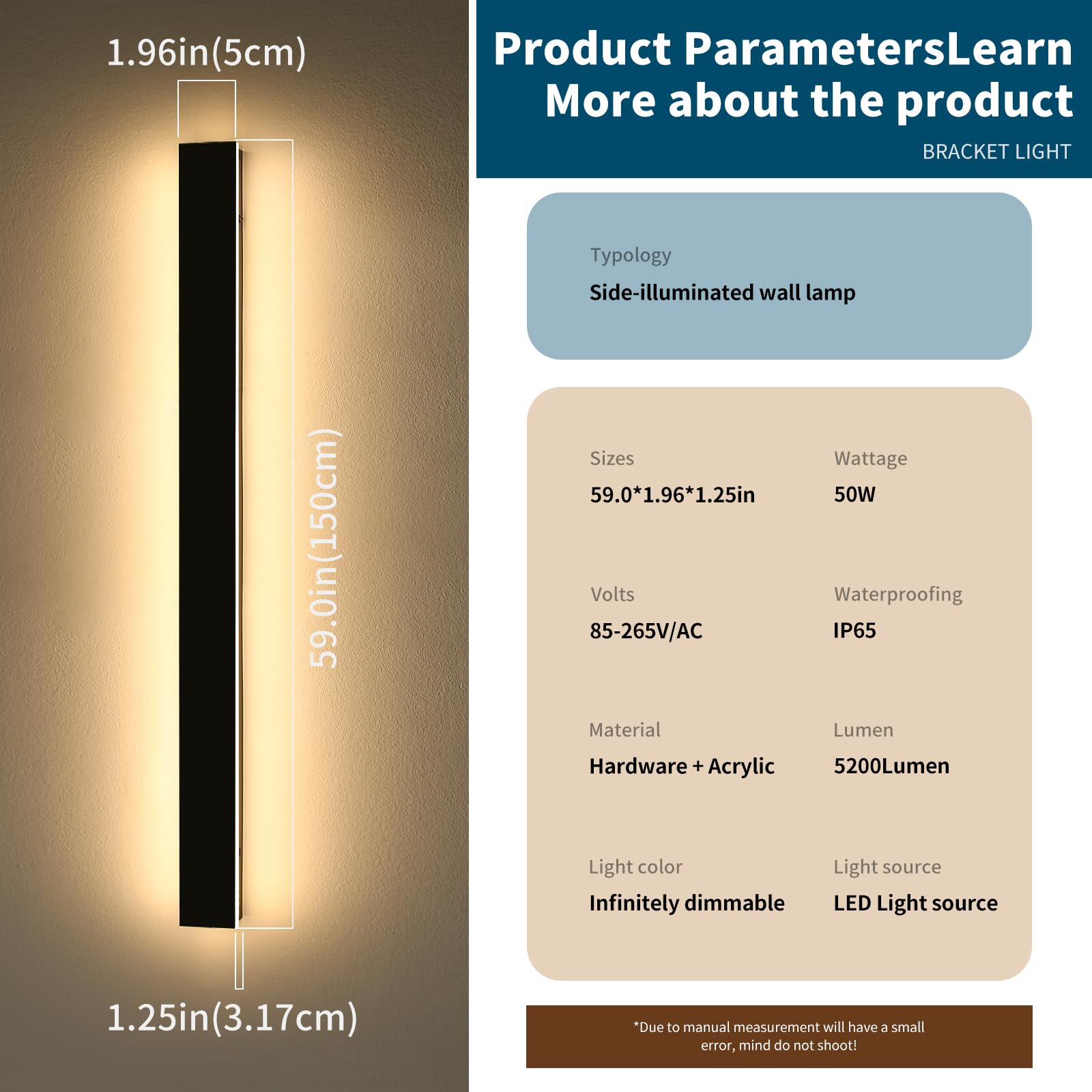 Daoseolo Outdoor Wall Light, 59inch LED Sconce, Dimmable 3000K-6000K, IP65 Waterproof, Remote Control, Model CB-TG-59IN