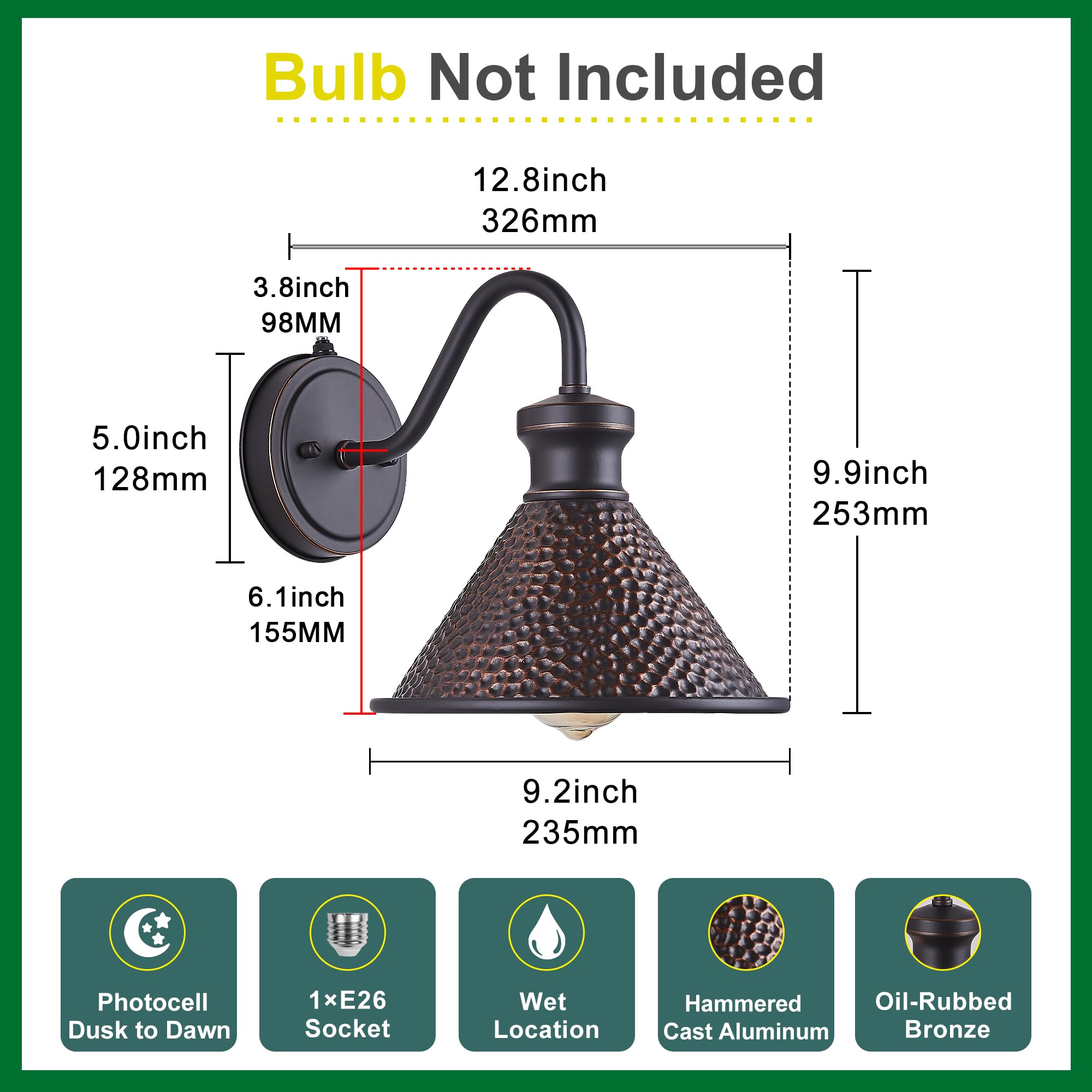 Tarentlight Outdoor Gooseneck Wall Sconce, 1-Light E26, Oil Rubbed Bronze, Aluminum, Dark Sky, Anti-Rust, Waterproof, Model W2412DTD-ORB