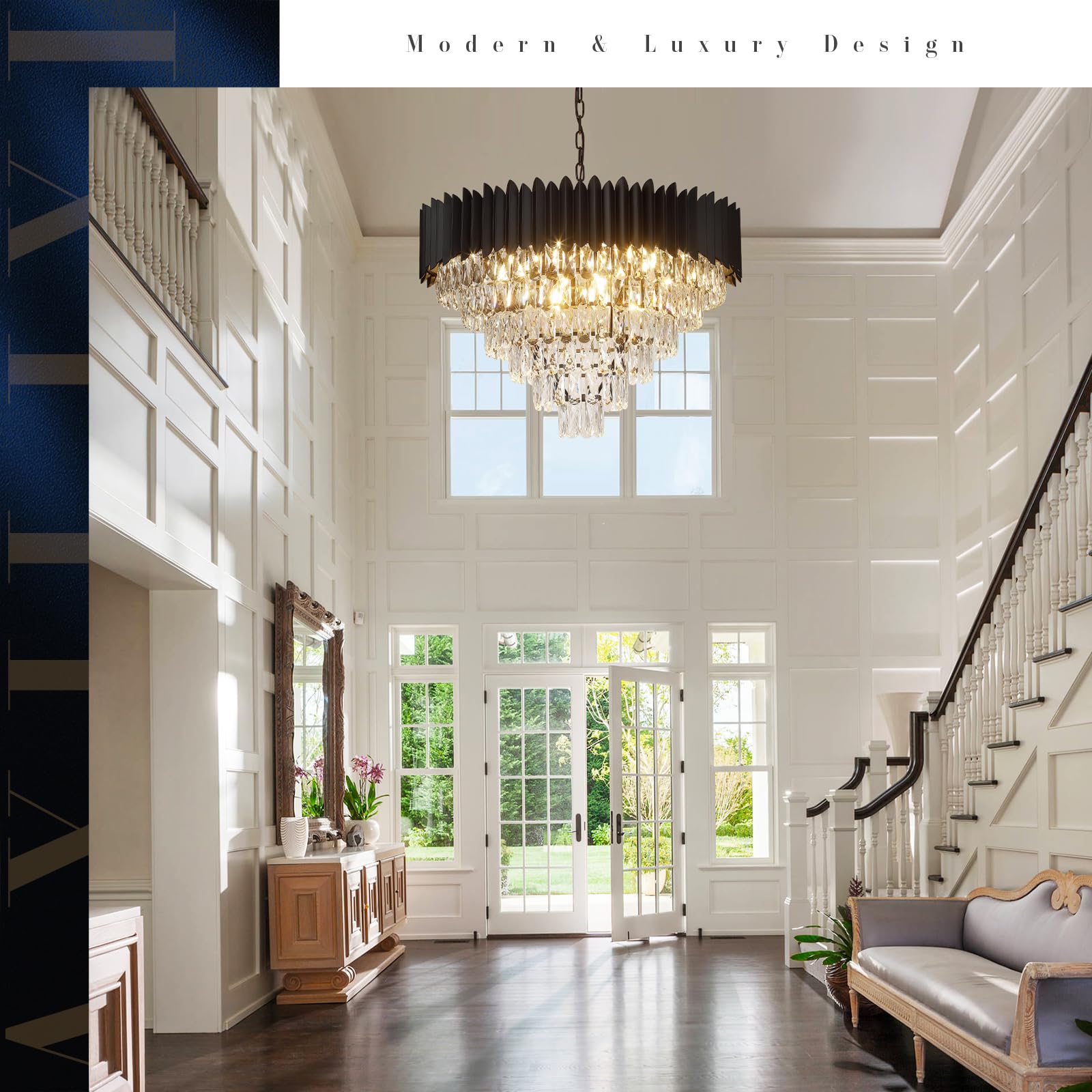 A AXILIXI 30” Black Crystal Chandelier Light Fixture, 6 Tiers Round Pendant for Foyer, Living Room, Staircase - Model DH88511BK-750