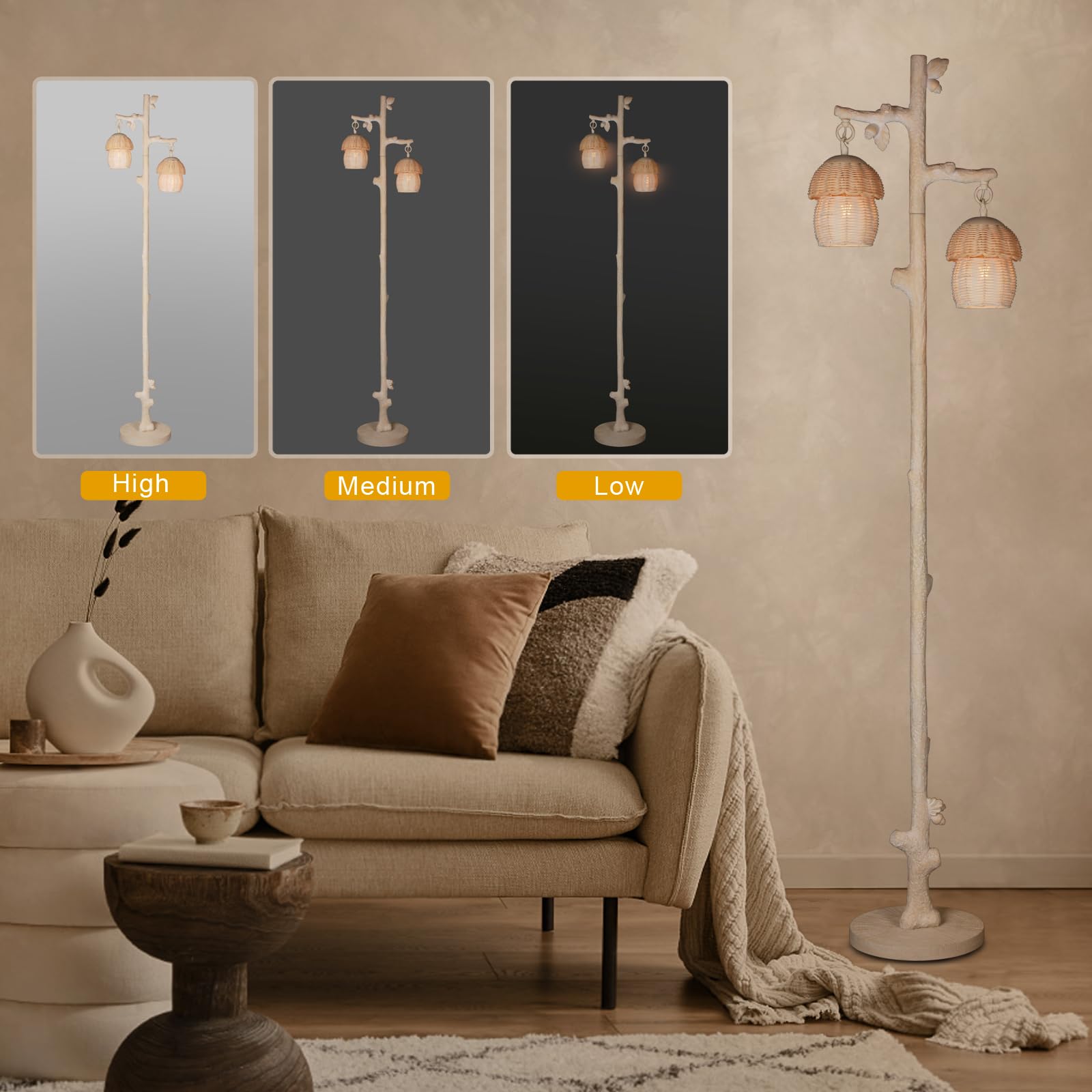Rattan Floor Lamp With Faux Wood Finish, Boho Floor Lamps With Faux Pinecone And Leaves Decor, Beige