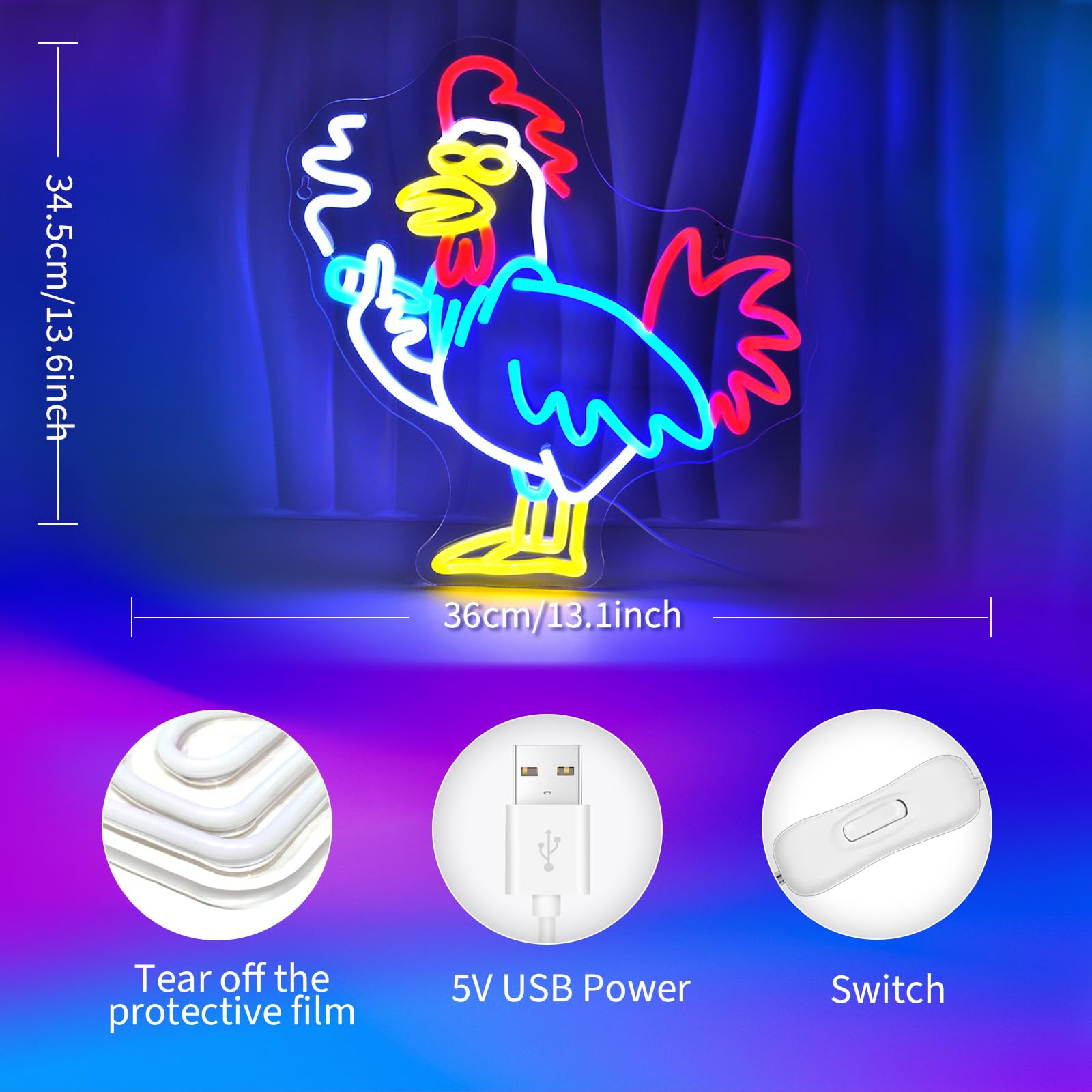 JEDAEMEN Rooster Neon LED Light Sign for Room Decor, USB Powered Acrylic Aesthetic Wall Art
