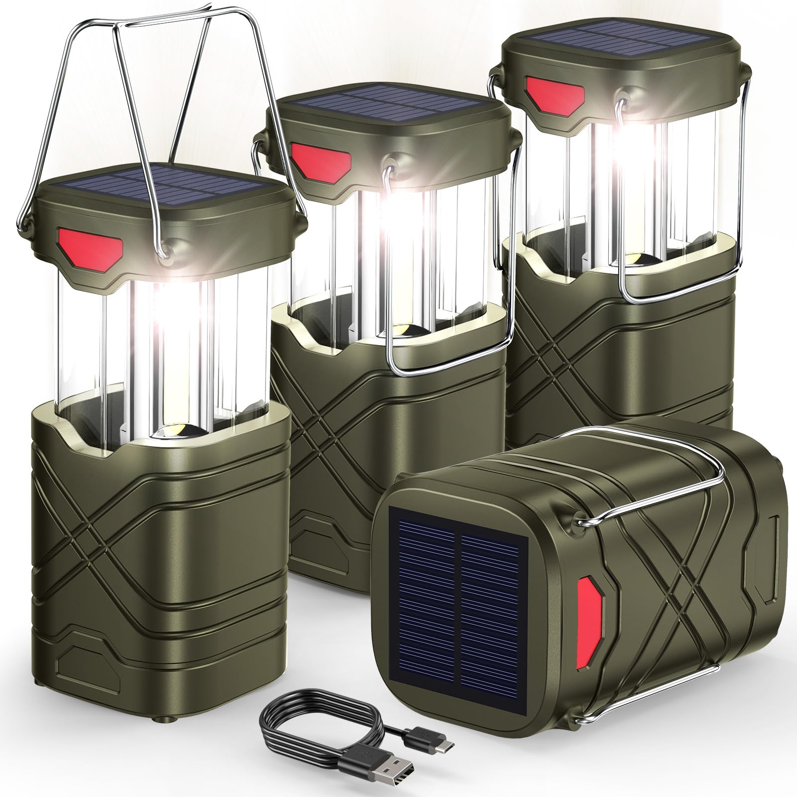 LETMY 4 Pack LED Camping Lanterns, Rechargeable & Solar Powered, Olive Green, ABS Material, Model: Electric-Camping-Lanterns