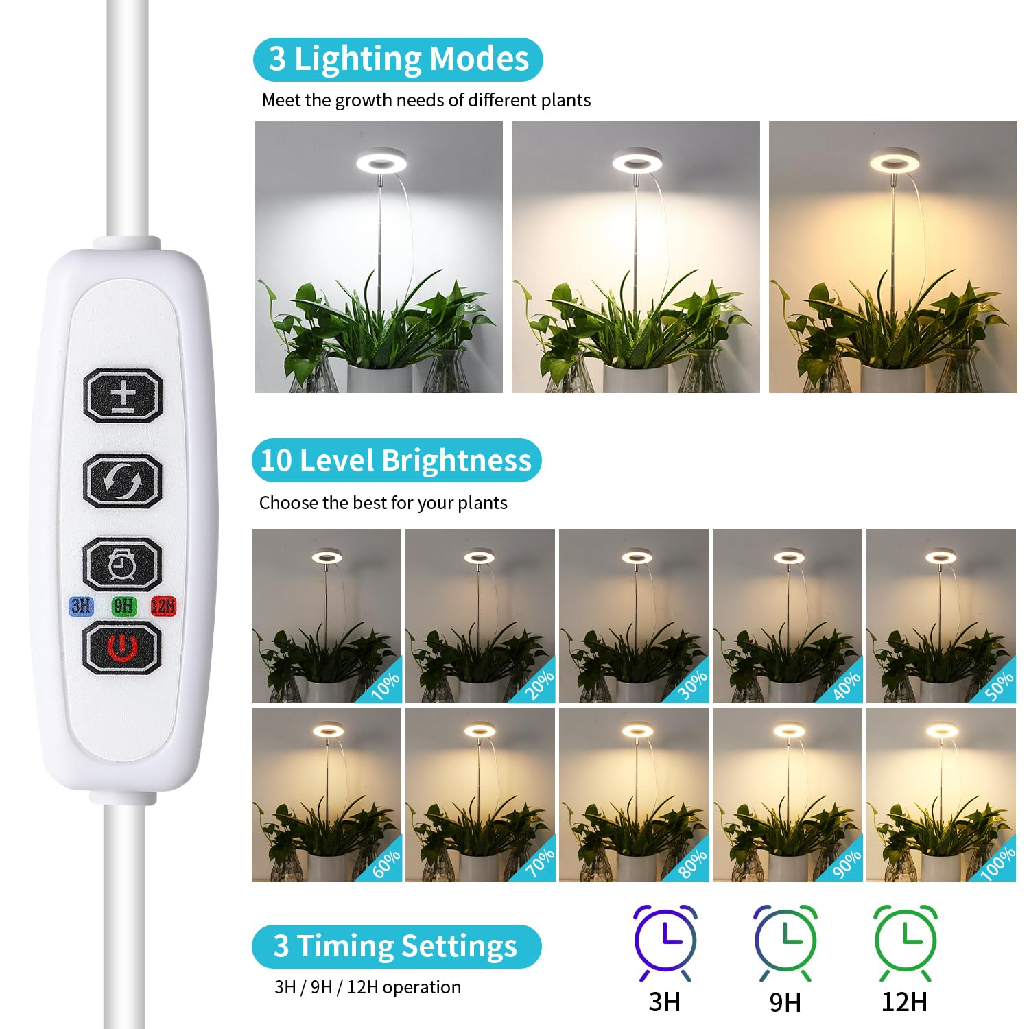 Halo Ring Grow Lights For Small Indoor Plants, Warm+White 96Leds Full Spectrum Plant Light, Height Adjustable With 5V 2A Adapter, 3/9/12H Timer, 3 Spectral Modes, 10 Dimmable Levels, Angel Ring 2 Pack