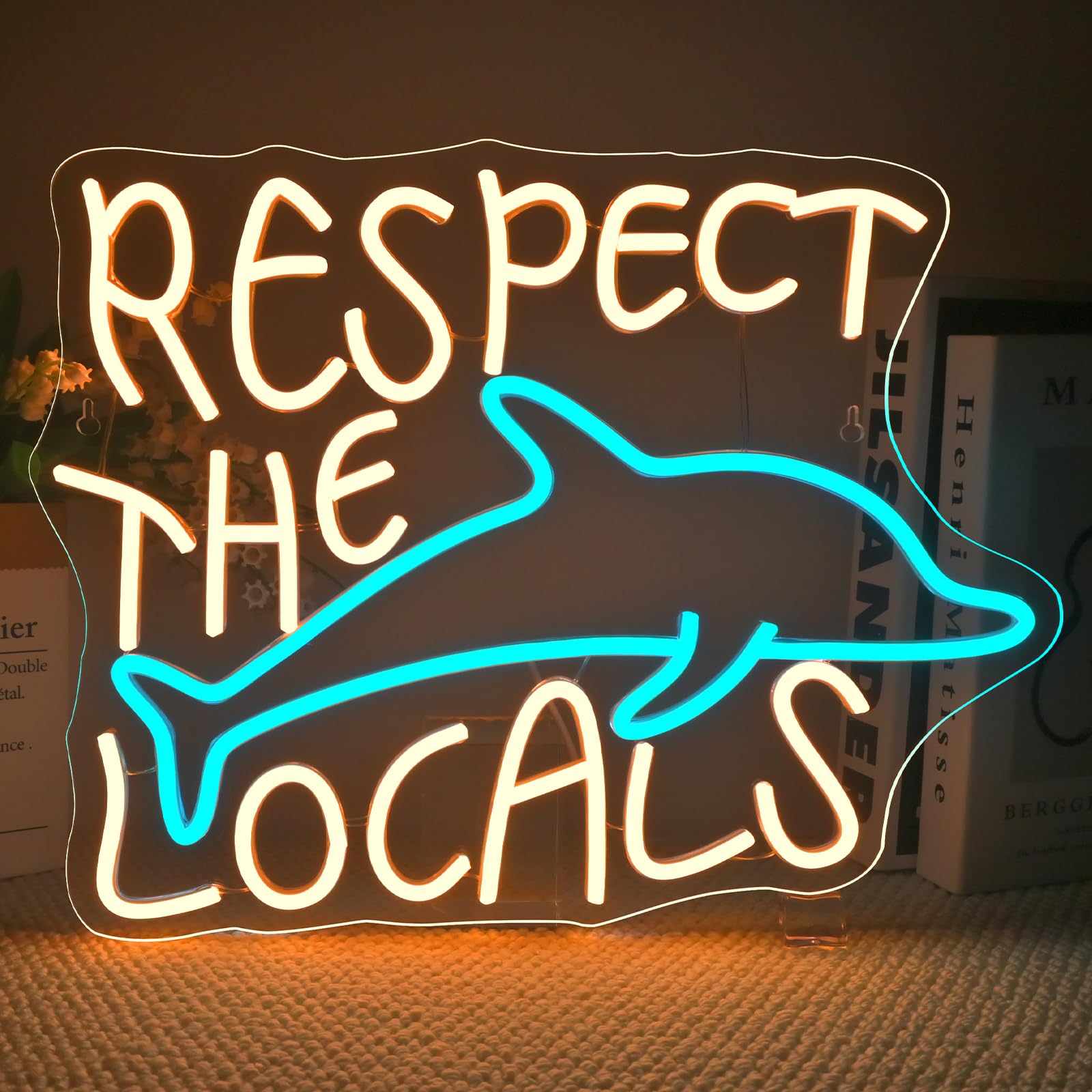 ineonlife Respect the Locals Neon Sign Ocean Decor Dolphin Light Up for Wall Decor Modern Led Sign for Bar Bedroom Acrylic Wall 