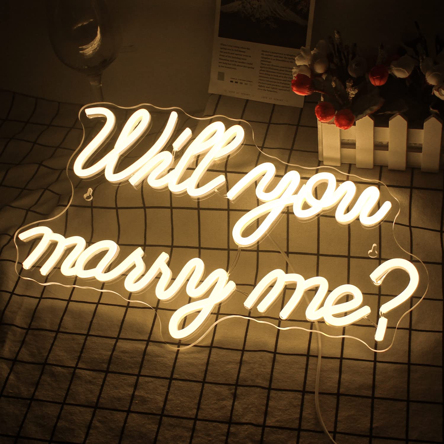 Wanxing Neon Sign - Will You Marry Me LED Wall Decor - Warm White - 16.5 x 9.8 inches - USB Powered for Weddings and Proposals
