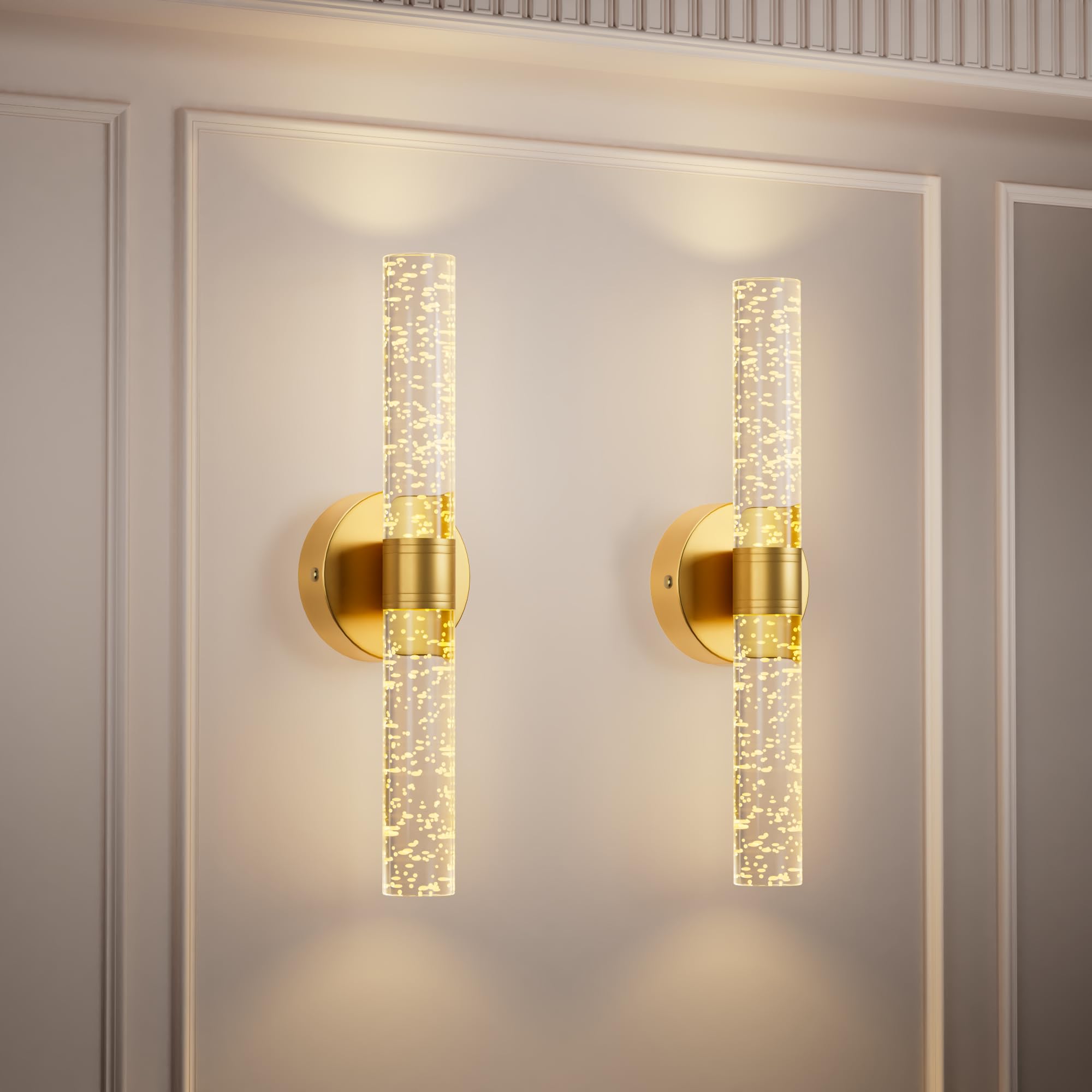 Gold Battery Operated Wall Sconces Set of 2, 13000mAh Rechargeable Wall Lights with Remote Control, 15 Color Dimmable Wireless C
