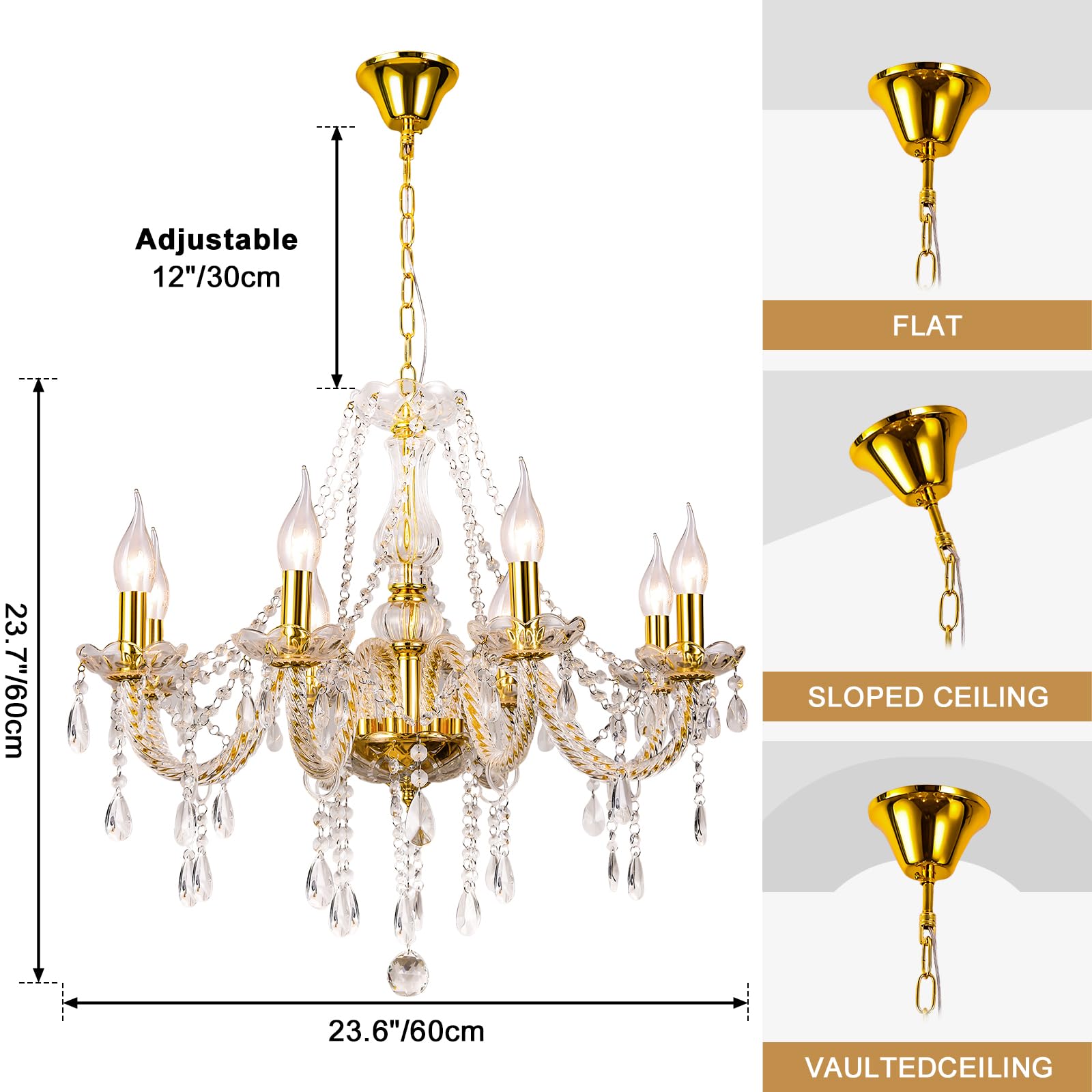 Baotree Modern Elegant 8 Lights K9 Crystal Glass Chandelier Golden Pendant Ceiling Lighting European Style For Dining Living Roo