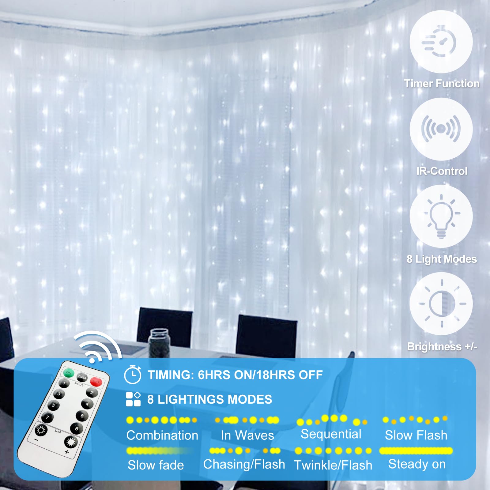 Holits 300 Led Fairy Curtain Lights, 9.8 X 9.8Ft Cold White Usb Plug In 8 Modes String Hanging Lights With Remote For Christmas, Bedroom, Indoor, Outdoor, Weddings, Party (Cold White)