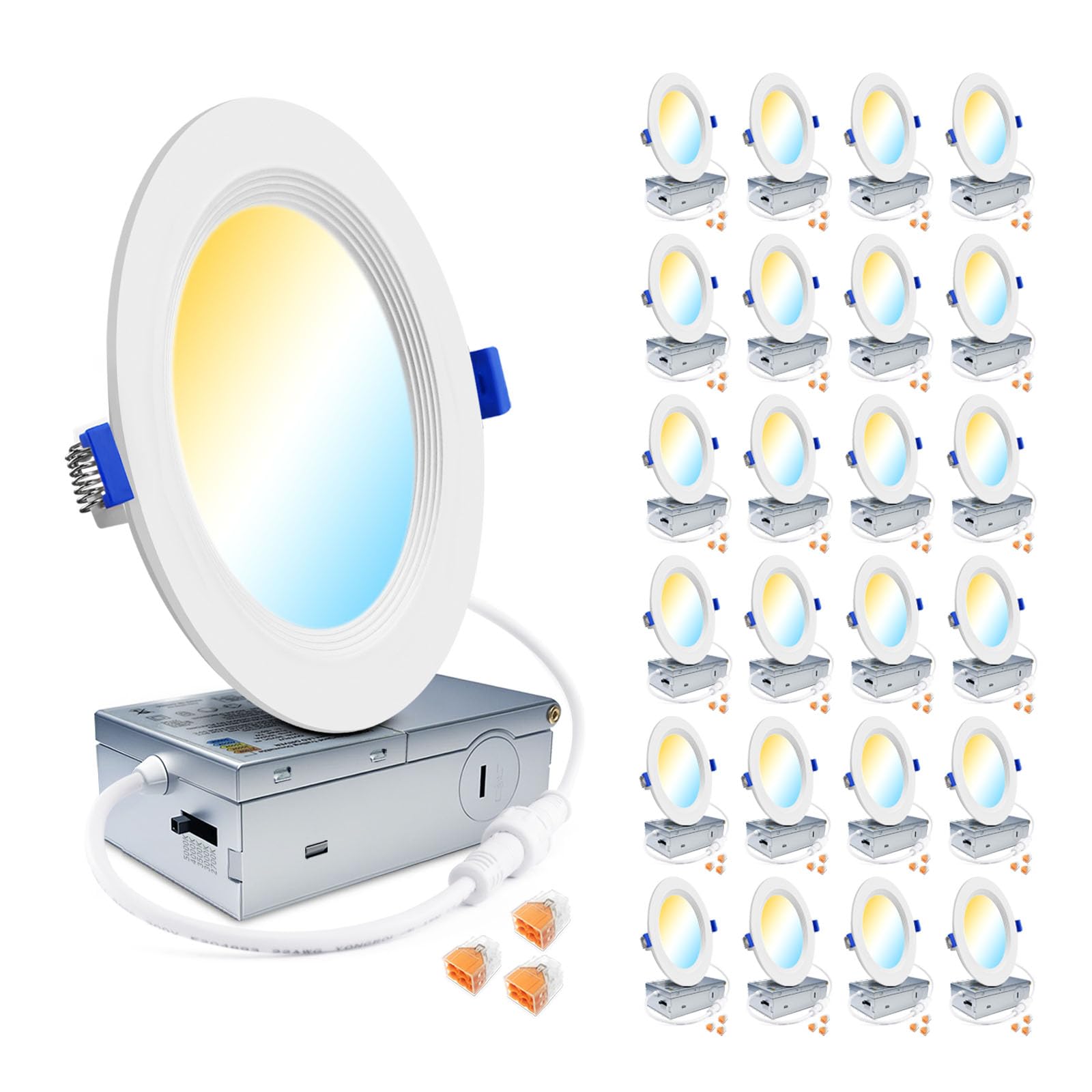 zouzai 24 Pack Ultra-Thin LED Recessed Ceiling Light with Junction Box 5CCT Adjustable Dimmable Can-Killer Downlight - ETL and E