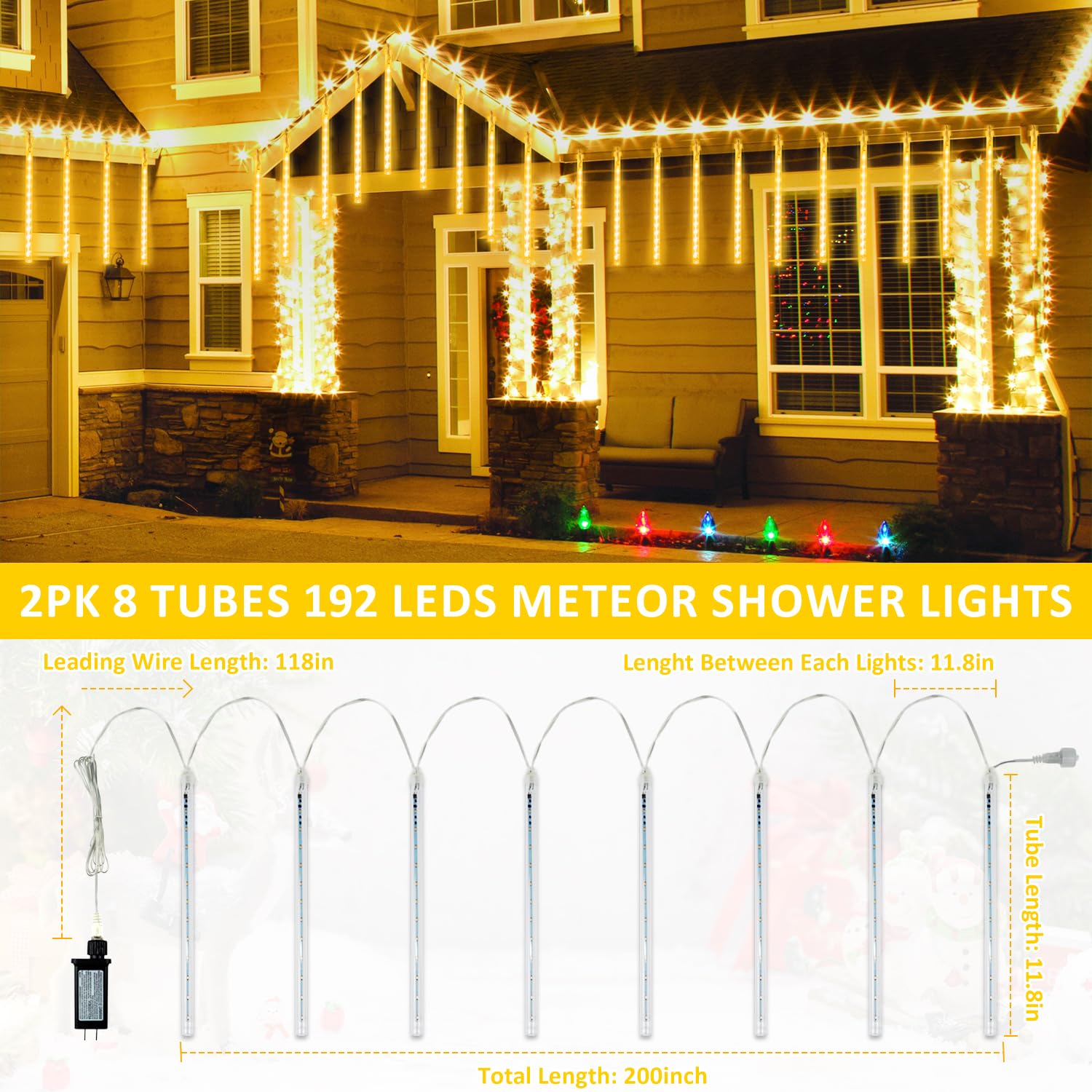 2-Pack Extendable Meteor Shower Christmas Lights Outdoor  16 Tubes 384 Leds Waterproof Falling Rain String Lights  Christmas String Lights Outdoor For Tree Patio Garden Holiday Decorations(Warm White)