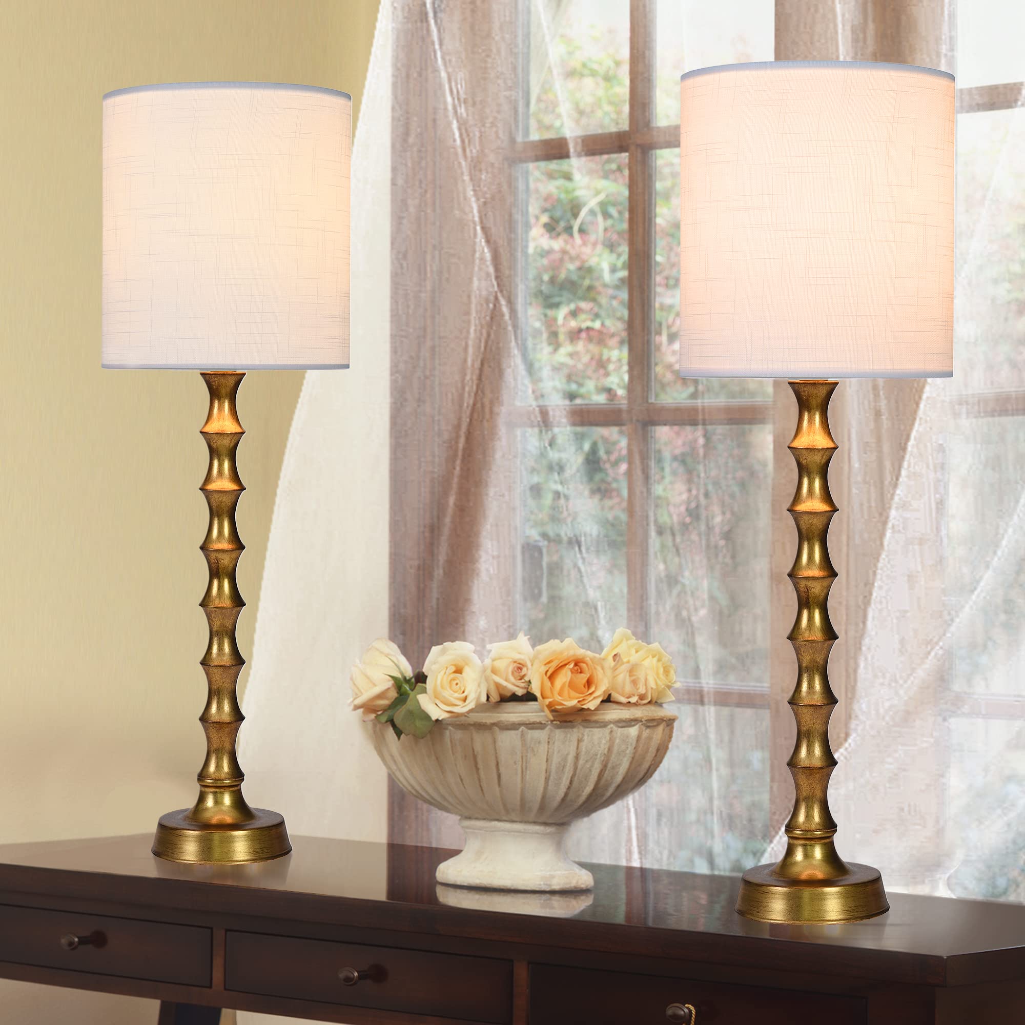 EUO Buffet Lamps Set of 2, 30.5" Tall Gold Metal Candlestick Lamps for Living Room and Dining Room, Modern Design, Model TL2PK-011-GLD