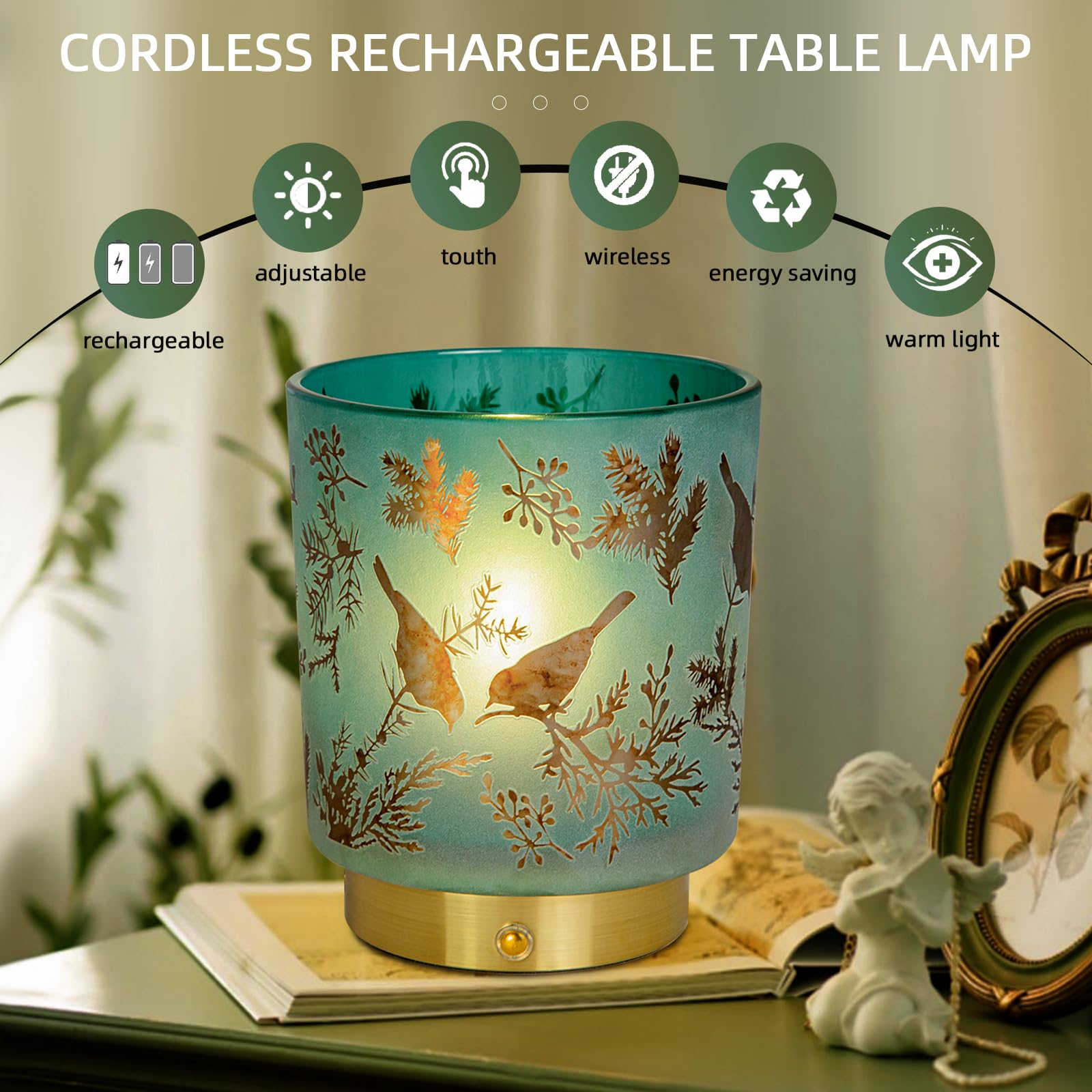 Mj Premier Cordless Rechargeable Glass Table Lamp - Touch Control Dimmable Portable Accent Light