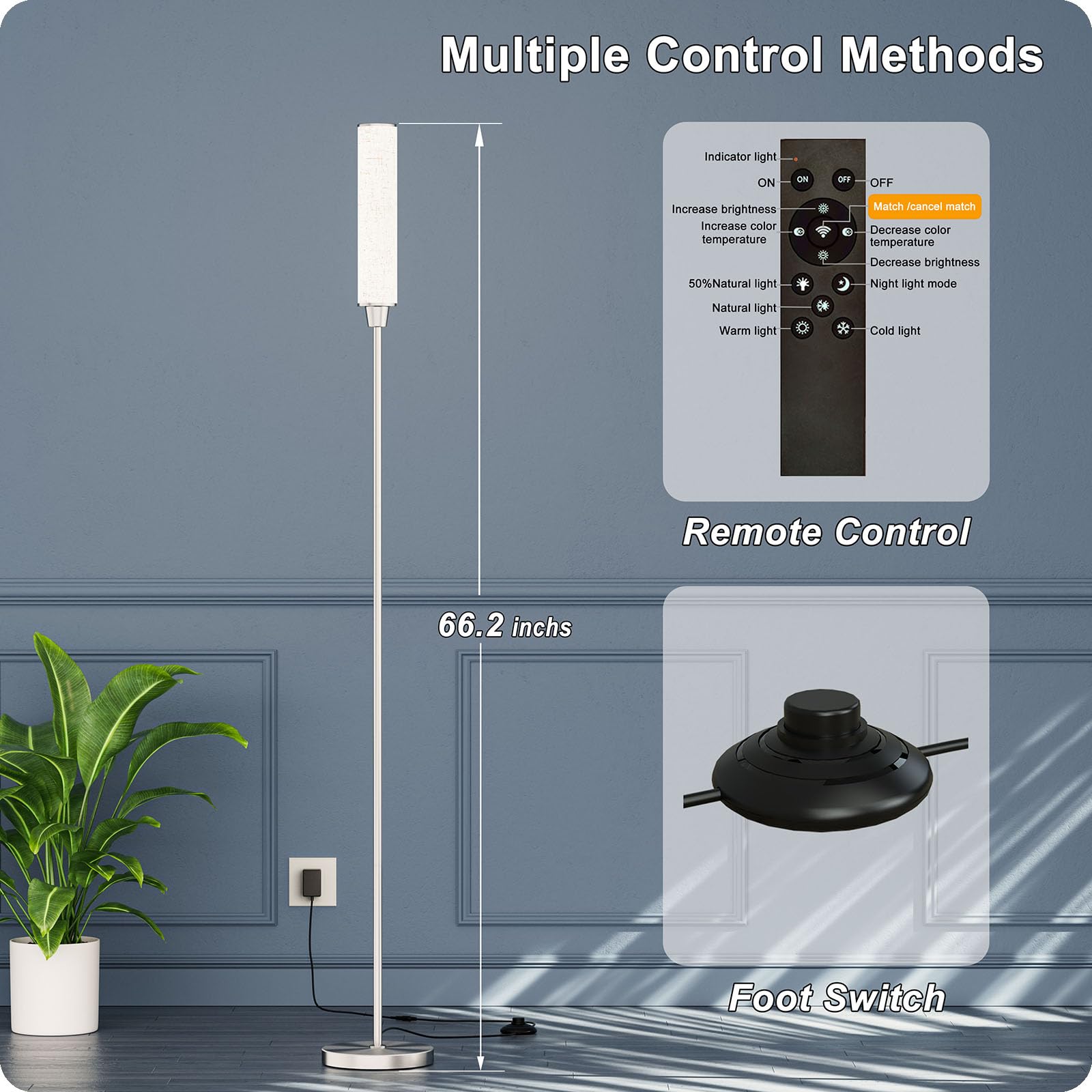 Nukanu Floor Lamp With Remote Control,Floor Lamps For Living Room/Bedroom/Office, Stepless Adjustable 3000K-6000K Colors And 10-