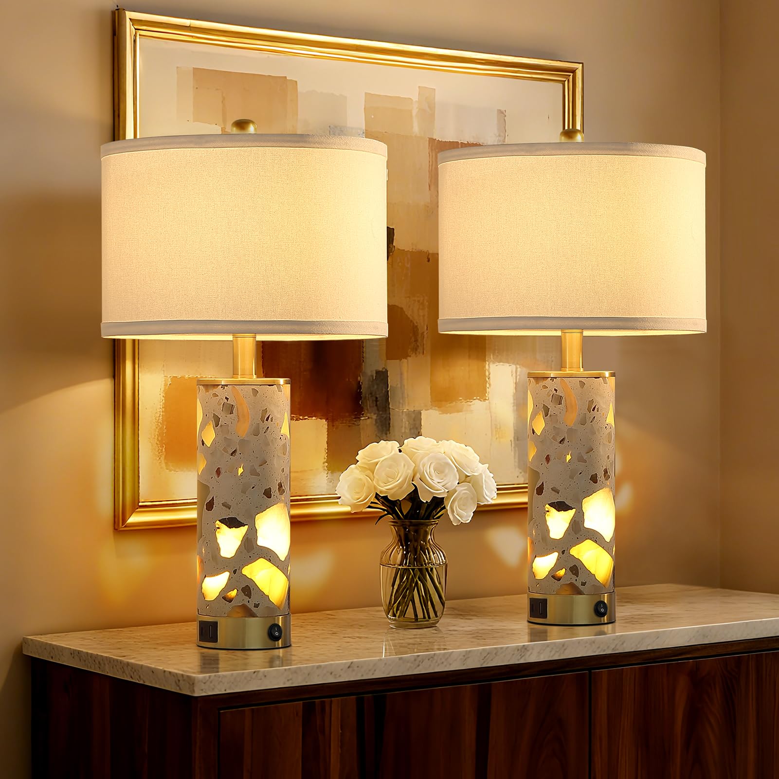 Reyokale 22.4  Set of 2 Transparent Stone Modern Table Lamps for Living Room Bedroom  Bedside Nightstand Farmhouse Lamps with Night Light and USB A+C Ports for Entryway Office  Bulbs Included