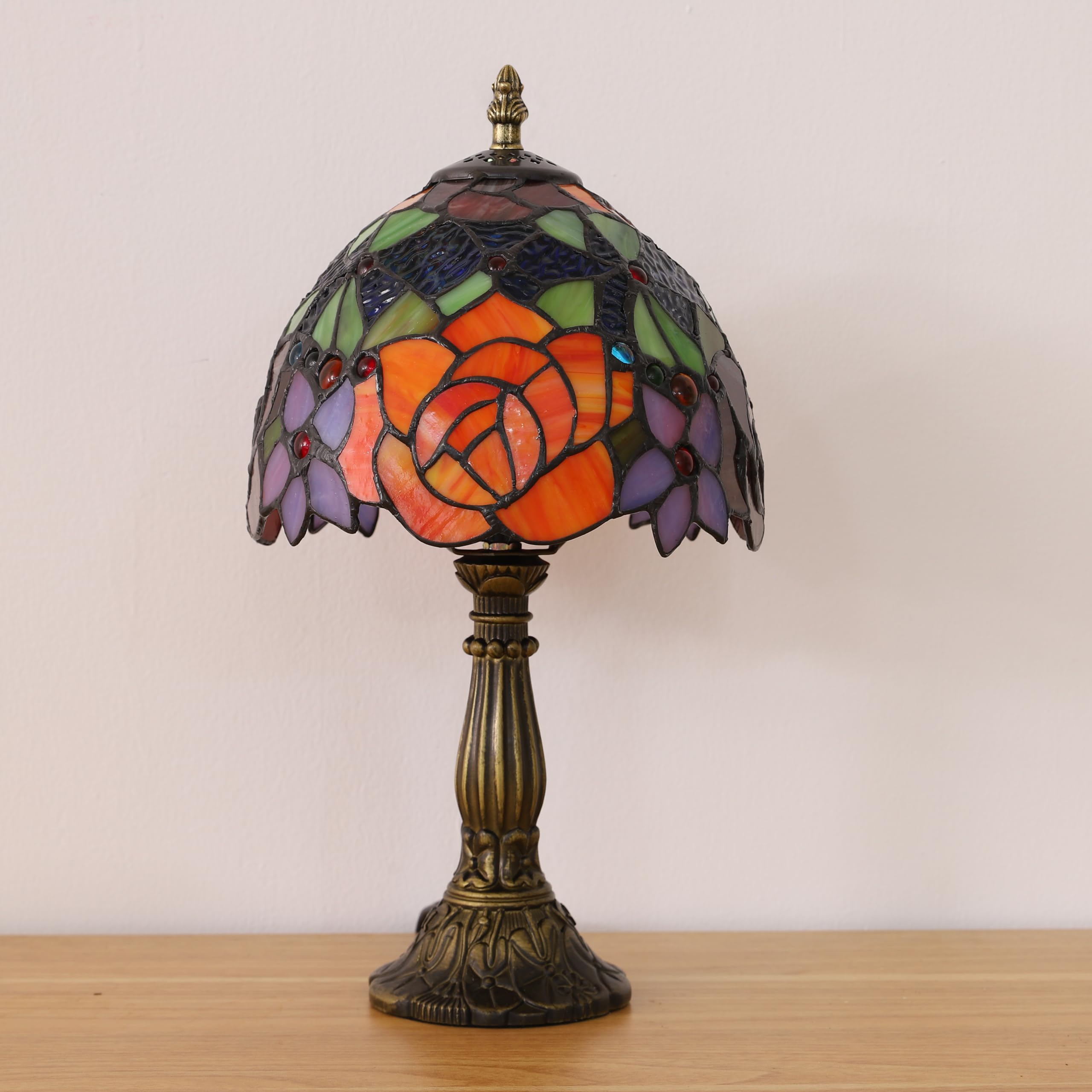 Tuomoxte Tiffany Style Table Lamp, 8 Inch Stained Glass Lamp, Rose Flower Pattern, Small Antique Lamp, Bedside Lamp, For Nightst