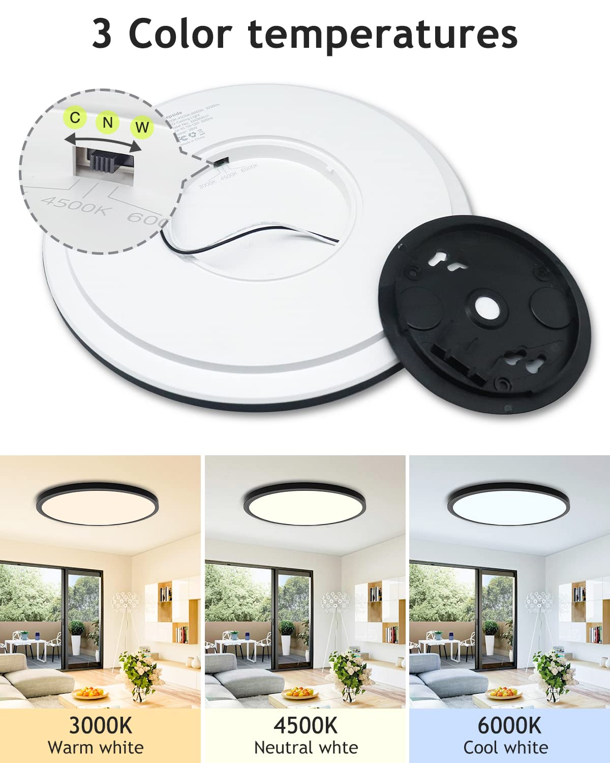 Hepside 4PACK Flush Mount LED Ceiling Light, 12Inch, 28W, Dimmable, 3 Color Selectable, Black, Model CL02A-4