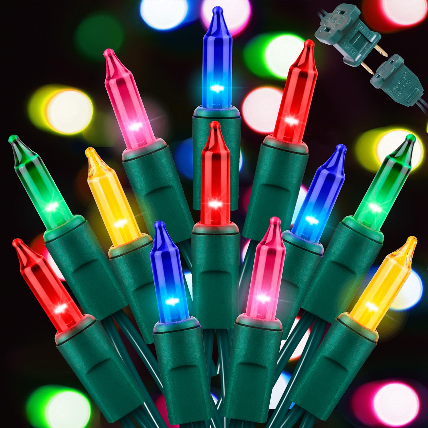 Lamphome 100 Ct. Multi-Color Christmas Tree Lights With Green Wire - 20Ft Mardi Gras Lights For Indoor And Outdoor Use - Multicolor Twinkle Christmas Tree Decoration With End Connectors