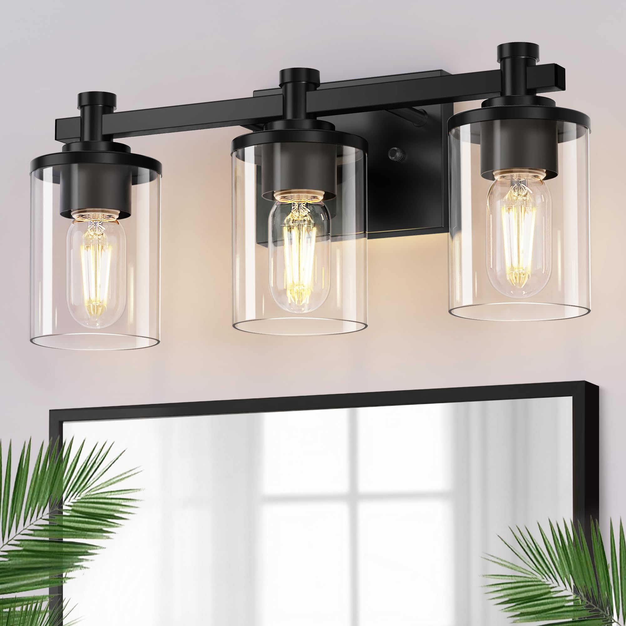 L LOHAS LED Bathroom Vanity Light Fixture, 3-Lights, Black, Glass Shade, Model A-JQD06T3BLE26, Modern Design for Mirror or Hallway