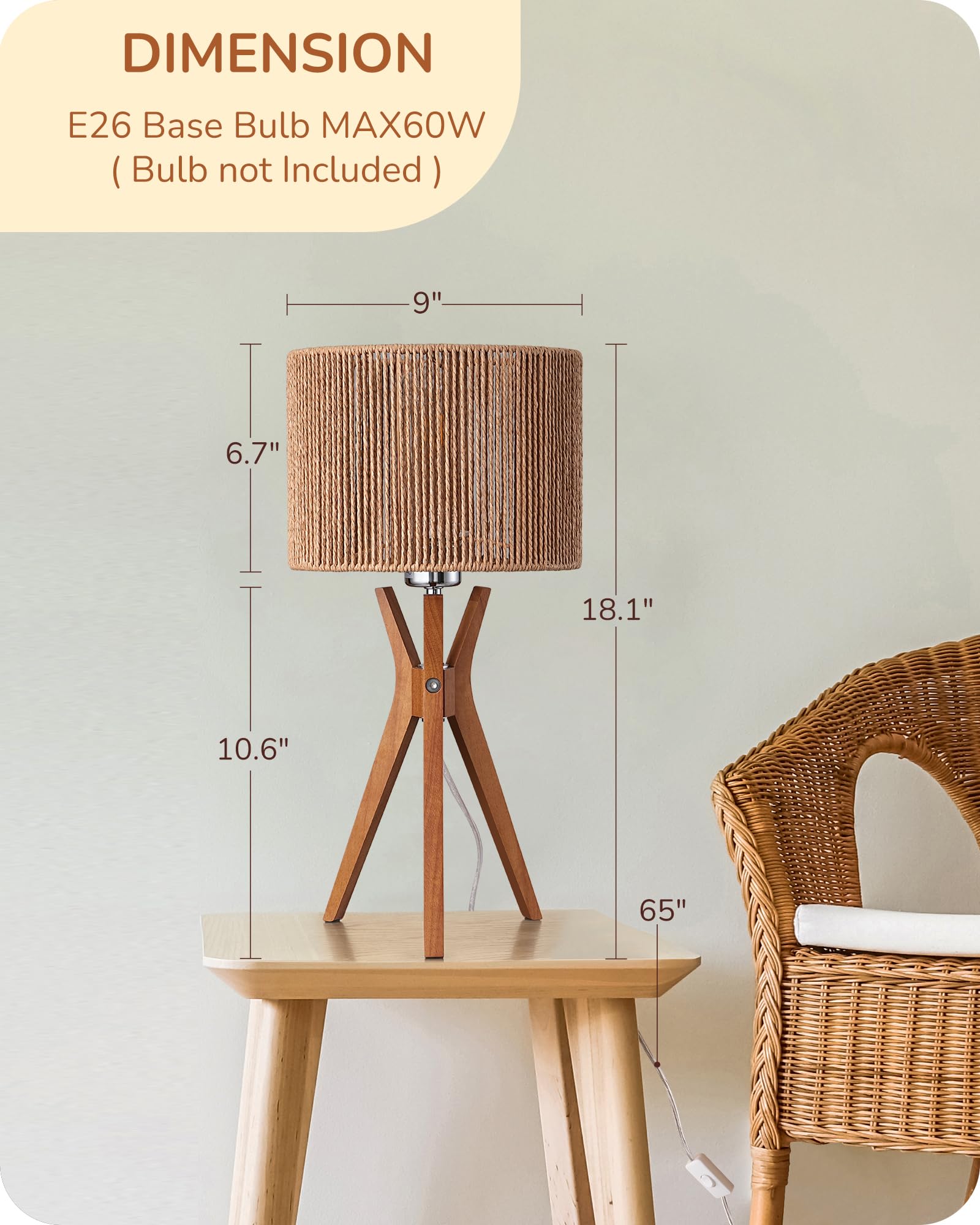 EDISHINE 17.5 Rattan Table Lamp, Wood Bedside Lamp with Handmade Paper Rope Woven Lampshade, Nightstand Lamp for Living Room, Be