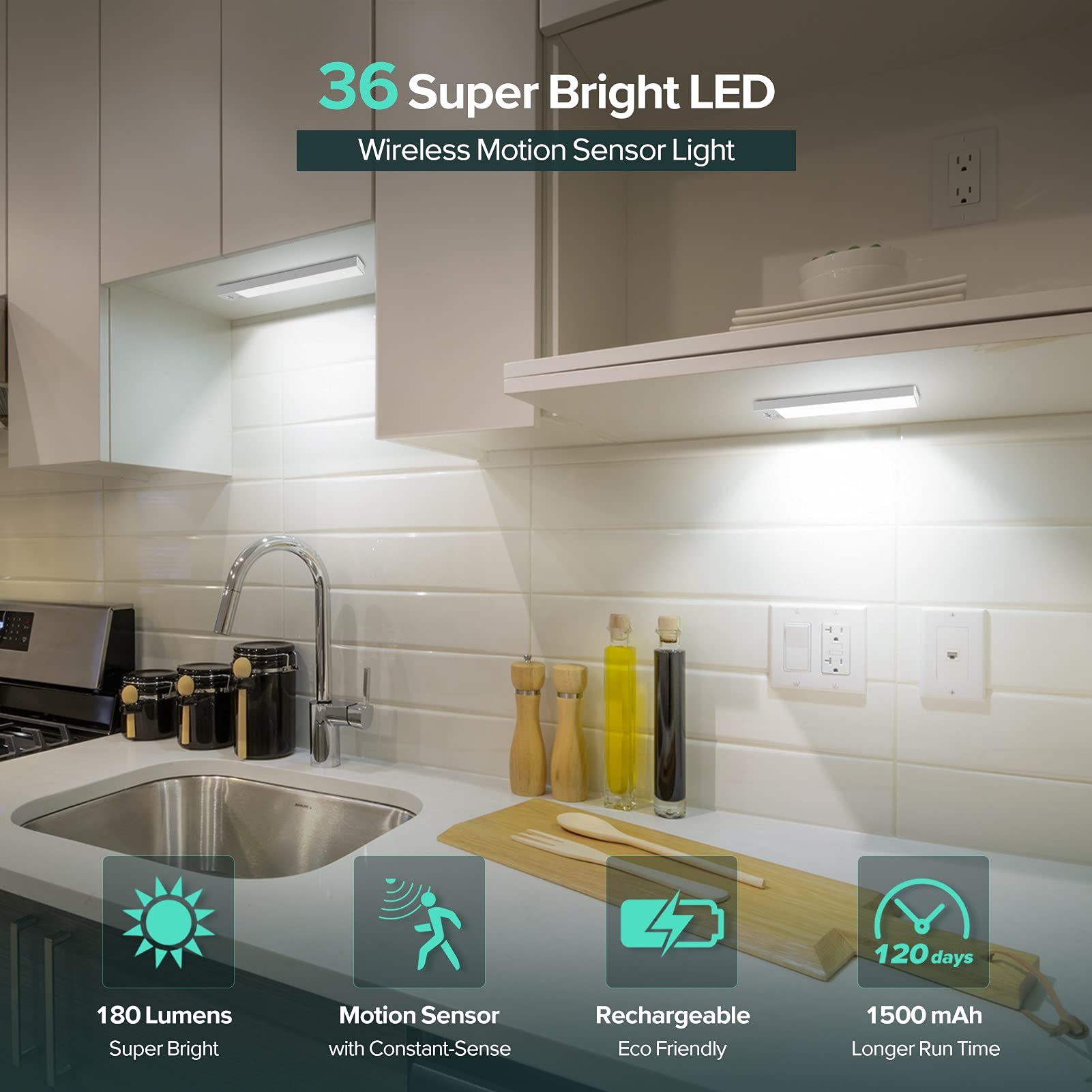 Alivation 36 LED Motion Sensor Lights, Battery Powered, 6000K Clean White, Rechargeable, Indoor Lighting (3 Pack)
