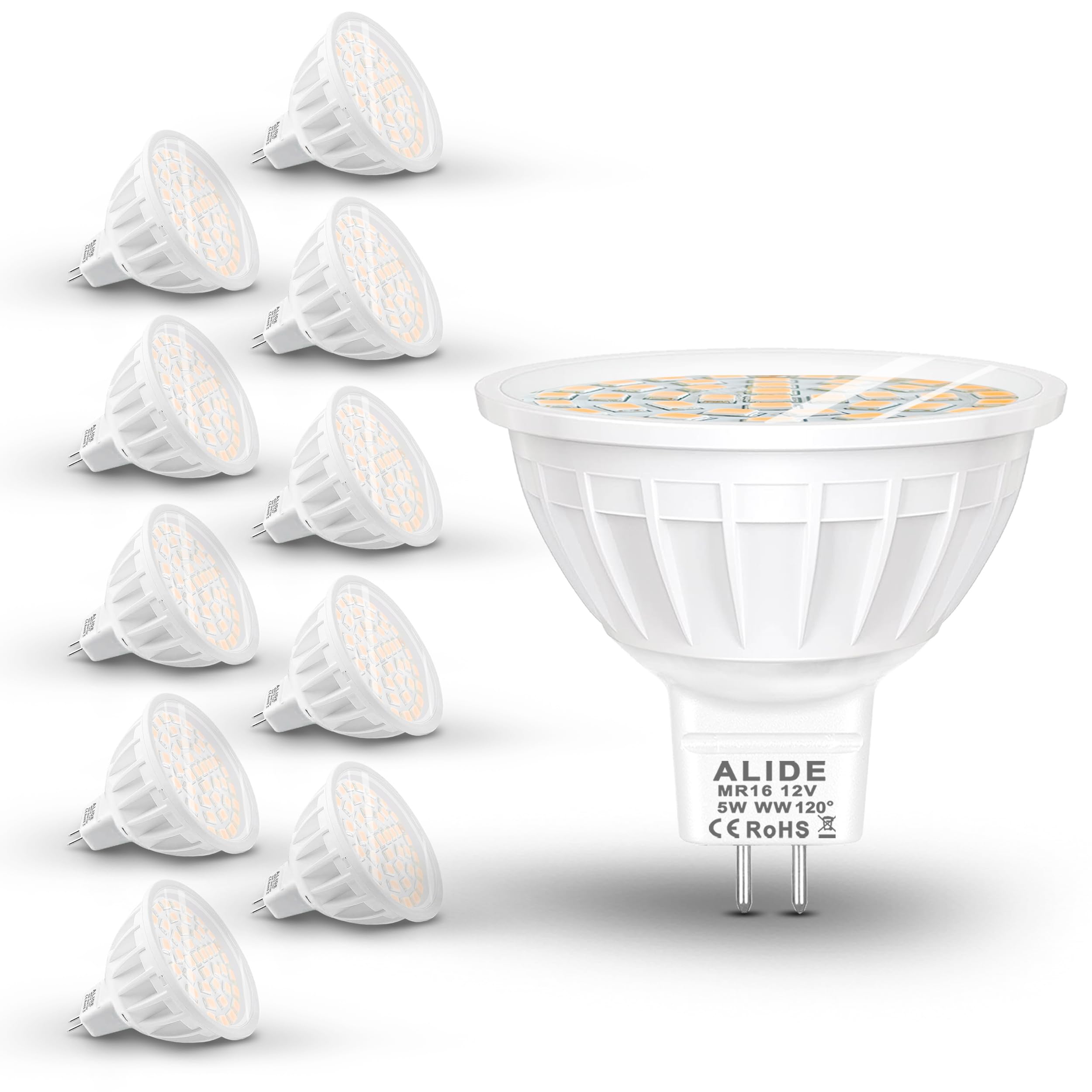Alide 10 Pack Mr16 Landscape Led Bulbs 50W Halogen Equivalent,2700K Warm White,5W Gu5.3 Mr16 Flood 12V Spotlight Bulb,Non-Dimmab