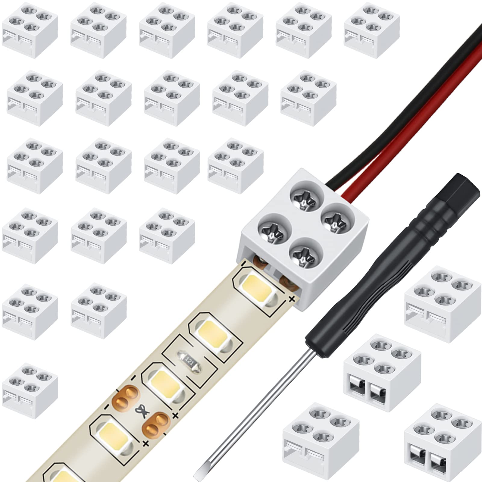 Flutesan 25 Pack Solderless LED Tape Light Connector 2 Pin Terminal Block Screw Down LED Strip Connector Tape to Wire for 5V 12V
