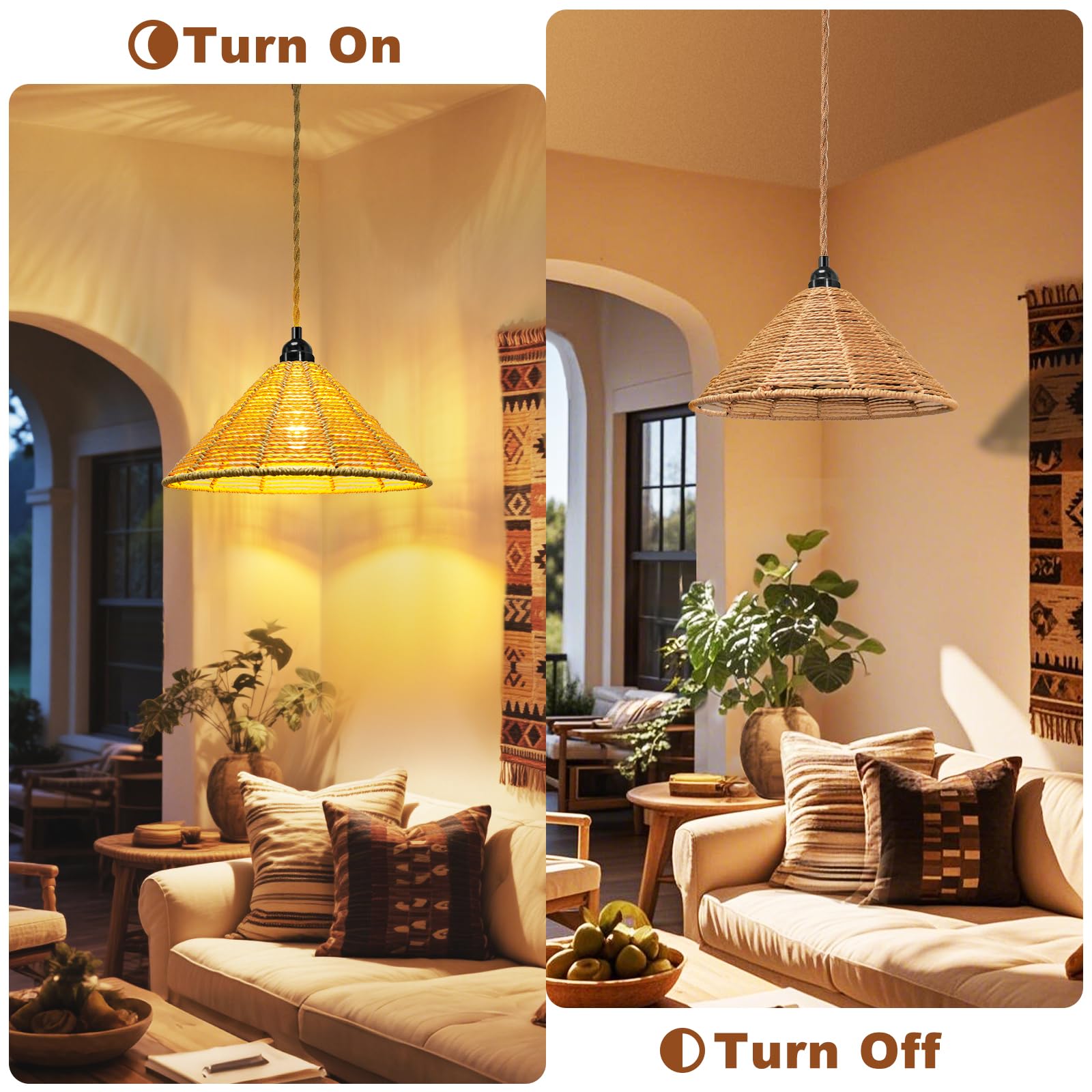 Maliralt Rattan Pendant Light - 16.4ft Plug-in Cord Fixture, Industrial Shade, 7.88 Inch, Jute Rope, On/Off Switch for Bedroom/Living Room
