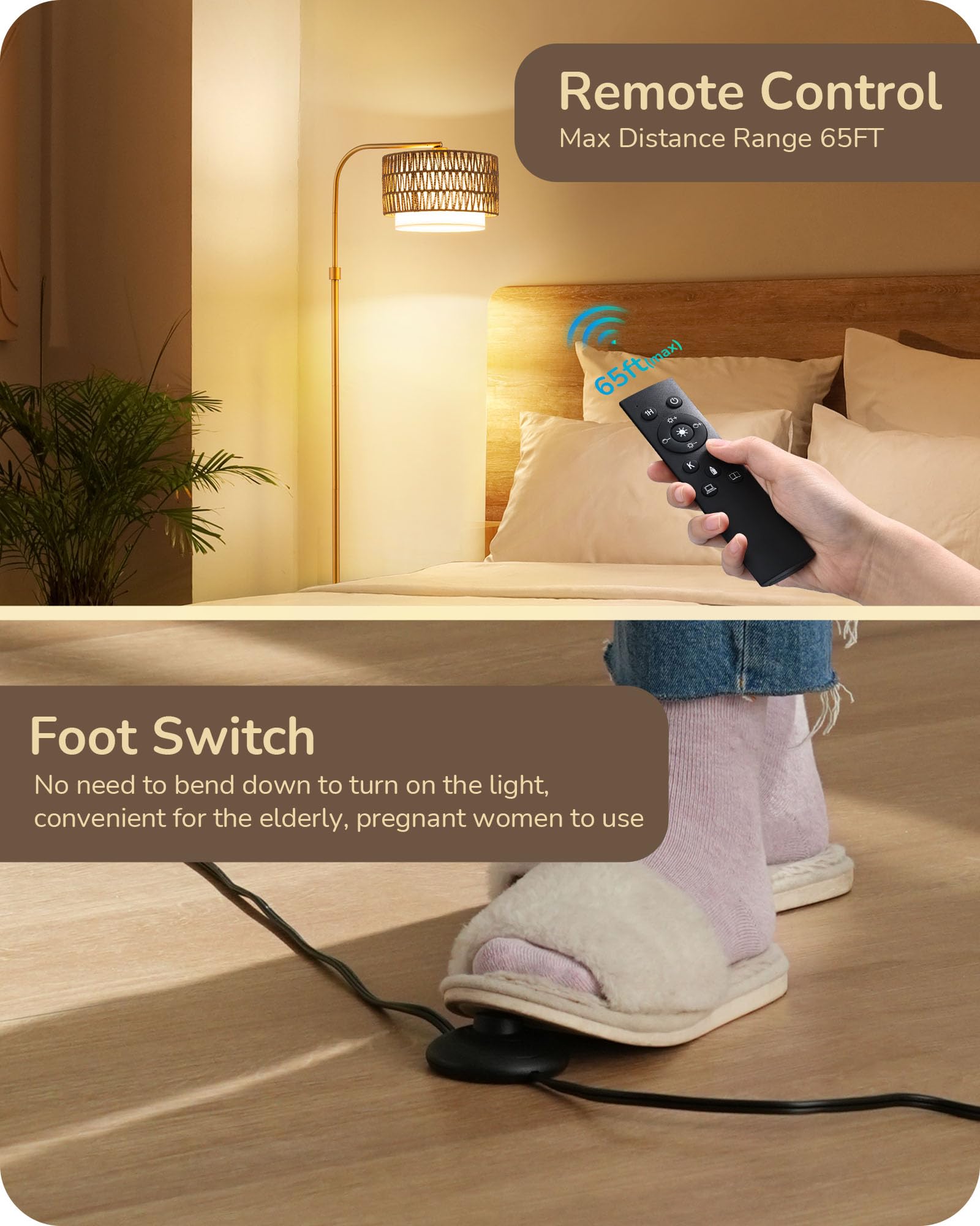 Edishine Rattan Floor Lamp For Living Room With Remote & Dimmable Led Bulb,63'' Mid Century Rattan Fabric Shade Standing Lamp Wi