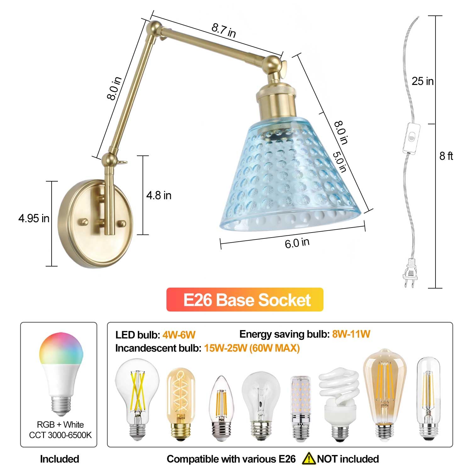 BARSUNS Swing Arm Wall Sconce, Adjustable Brightness, RGBW Bulb with Remote, Gold Lamp Body & Blue Shade, Model BS-WL351YB-B