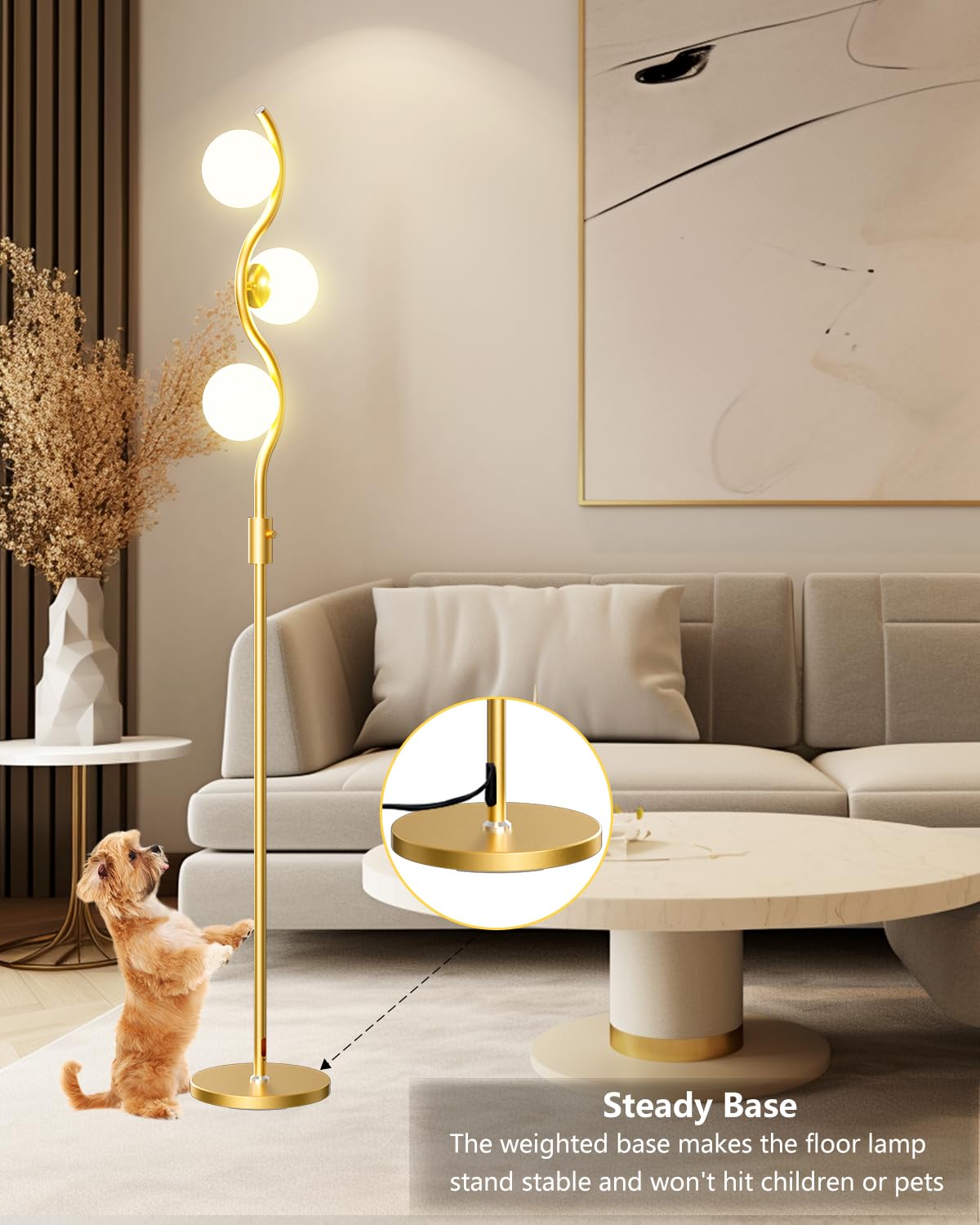 Lightdot 60IN Dimmable Gold Floor Lamp, Mid Century Metal Design, 3 Globe Warm White Bulbs, Model YRFLL-E26XX-26