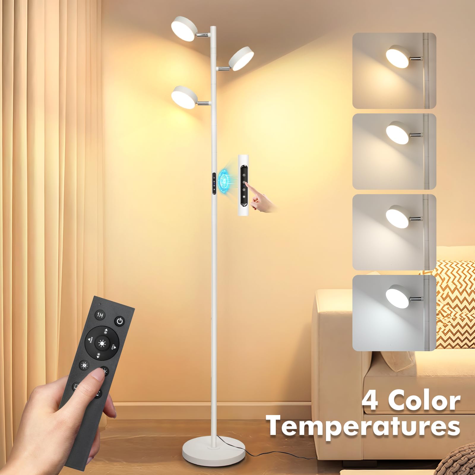 Junnai White Floor Lamp, Tall Standing Lamps With Remote & Touch Control Timer, 30W Tree Floor Lamp Led With 3 Rotatable Light, 4 Color Temperatures Lamps For Reading Living Room Office Bedroom