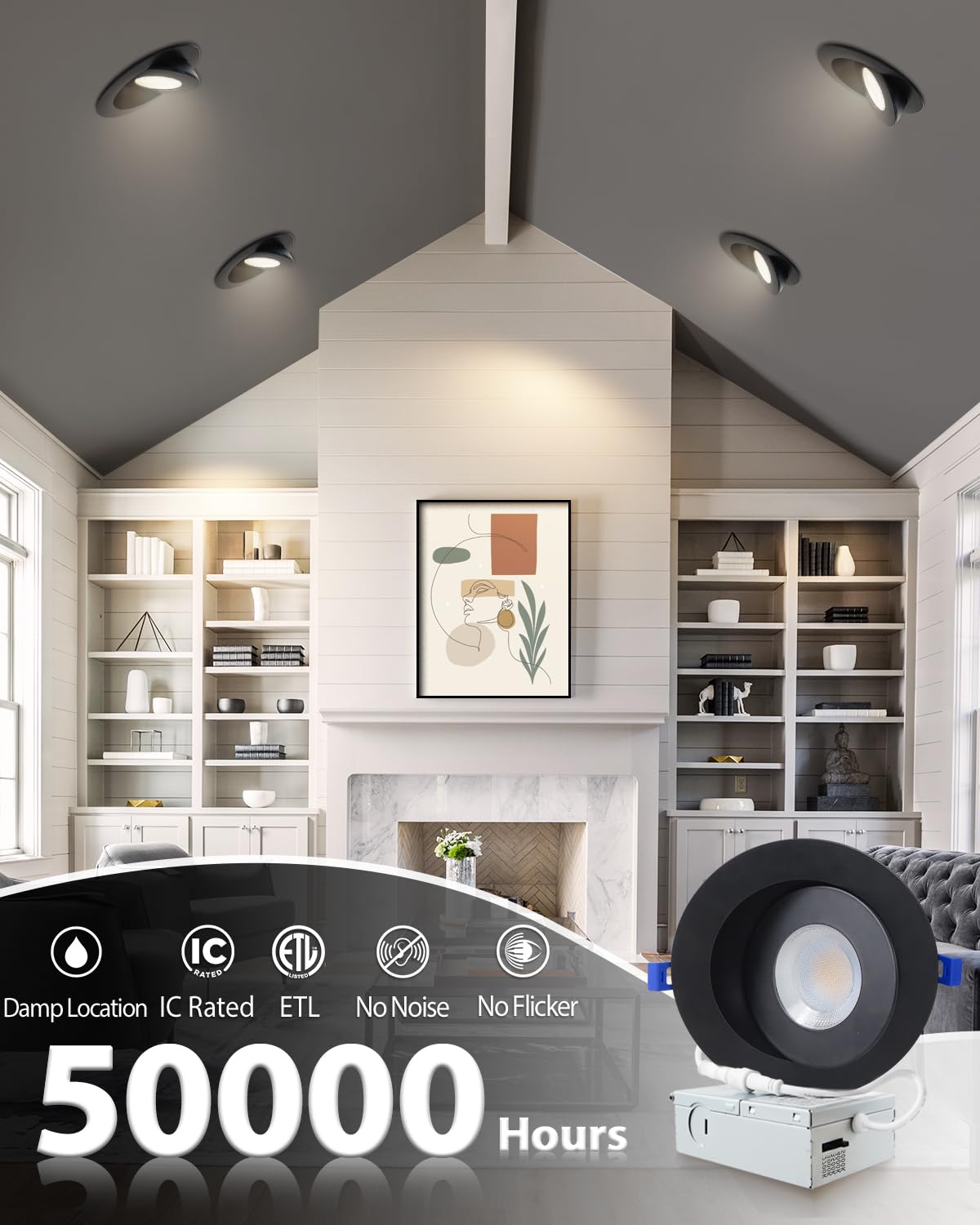 Zouzai 6 Inch 5Cct Gimbal Black Led Recessed Lights  360+90 Adjustable Directional Recessed Lighting  2700K-5000K Dimmable Retrofit Eyeball Can Lights With Jbox  Etl&Energy Star(Black 1 Pack)