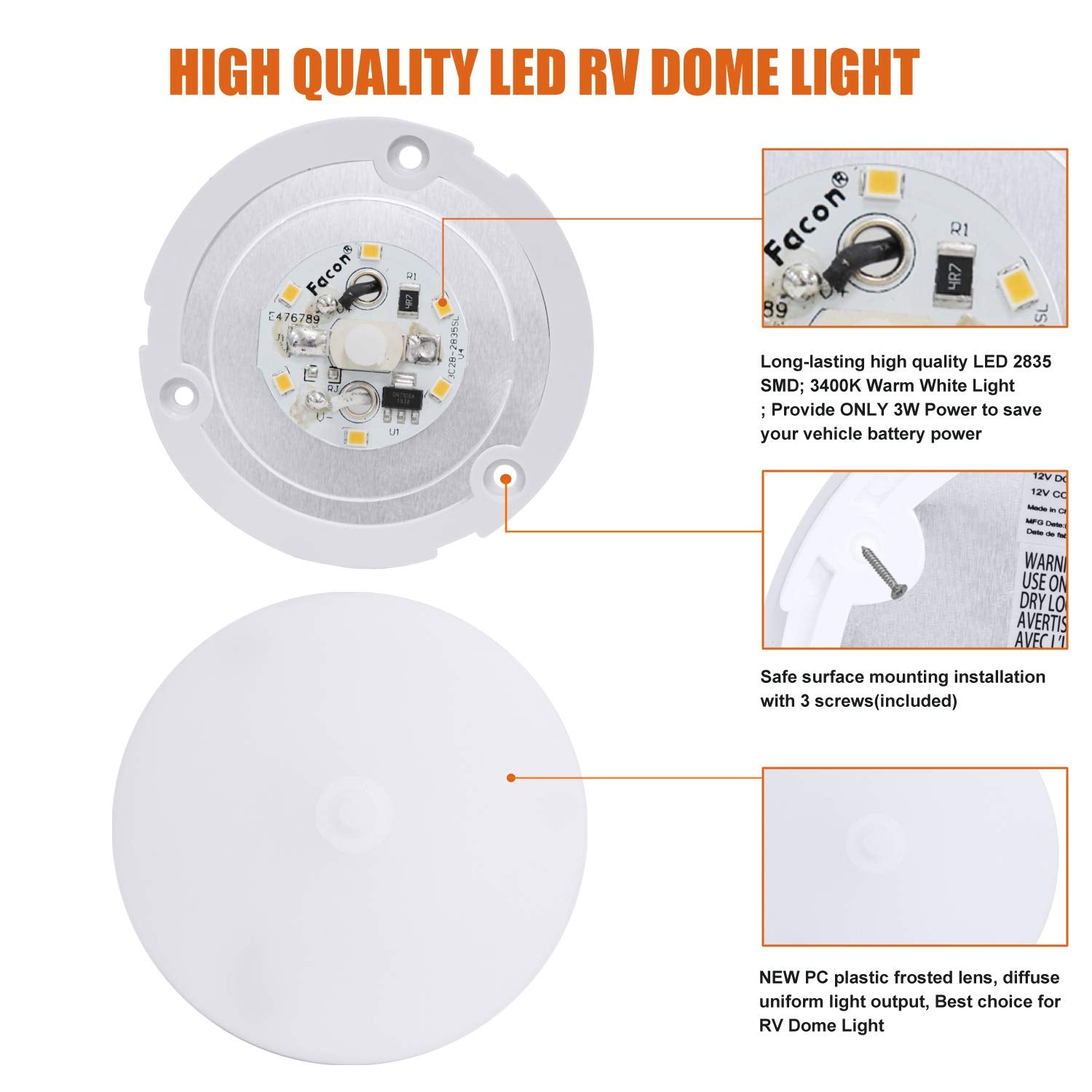 Facon LED RV Puck Light - 3.5" Super Slim Under Cabinet Light, 2-Pack, 3400K Warm White, Plastic, Surface Mount, 12V DC