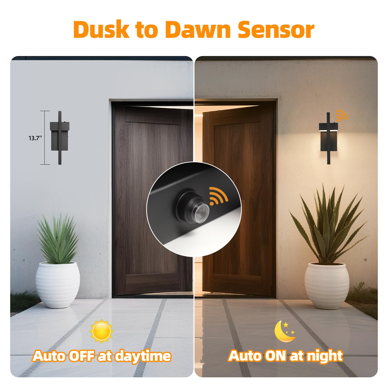 tewei LED Outdoor Wall Sconce, Dusk to Dawn Lighting, 3000K Warm White, Black, 2 Pack, Metal Exterior Fixtures
