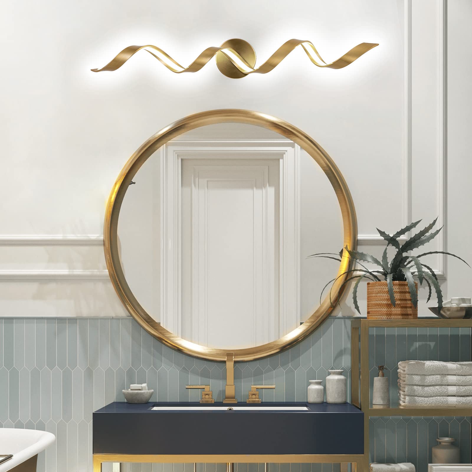 Huoku 32" Dimmable Led Bathroom Vanity Light, Gold Spiral Design, 20W, 6000K White Light