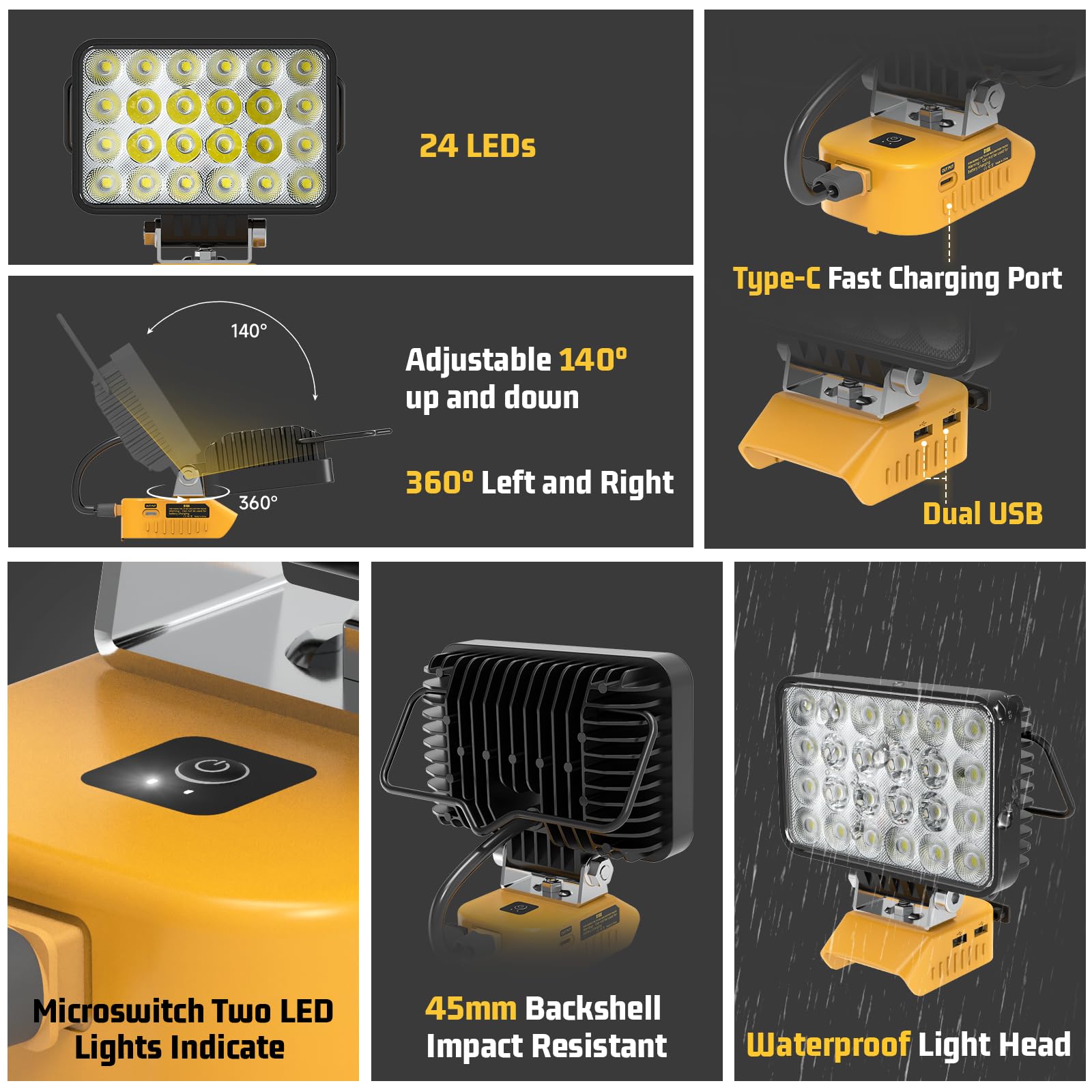 Mightrench 72W LED Work Light, 7200LM, Compatible with Dewalt 20V Battery, ABS, Yellow, Model DLED01, Adjustable 140°