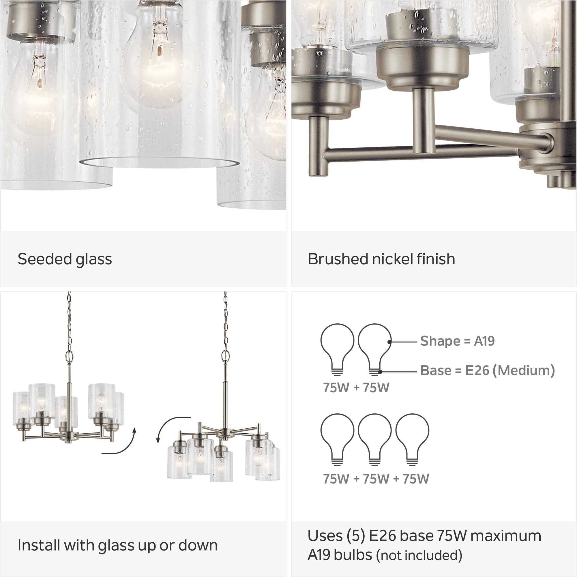 Kichler Winslow 19.75'' Chandelier In Brushed Nickel, 5-Light Chandelier For Dining Room, Living Room, Or Bedroom, Clear Seeded