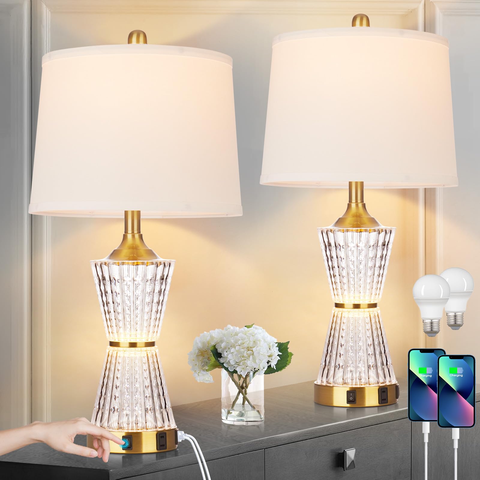 26 Modern Table Lamps  Gold Set of 2 Table Lamps Night Light with 2 USB Charging Ports & AC Outlet  Bedside Nightstand Lamp White Shade for Living Room Bedroom Home Decor(2 LED Bulbs Included)