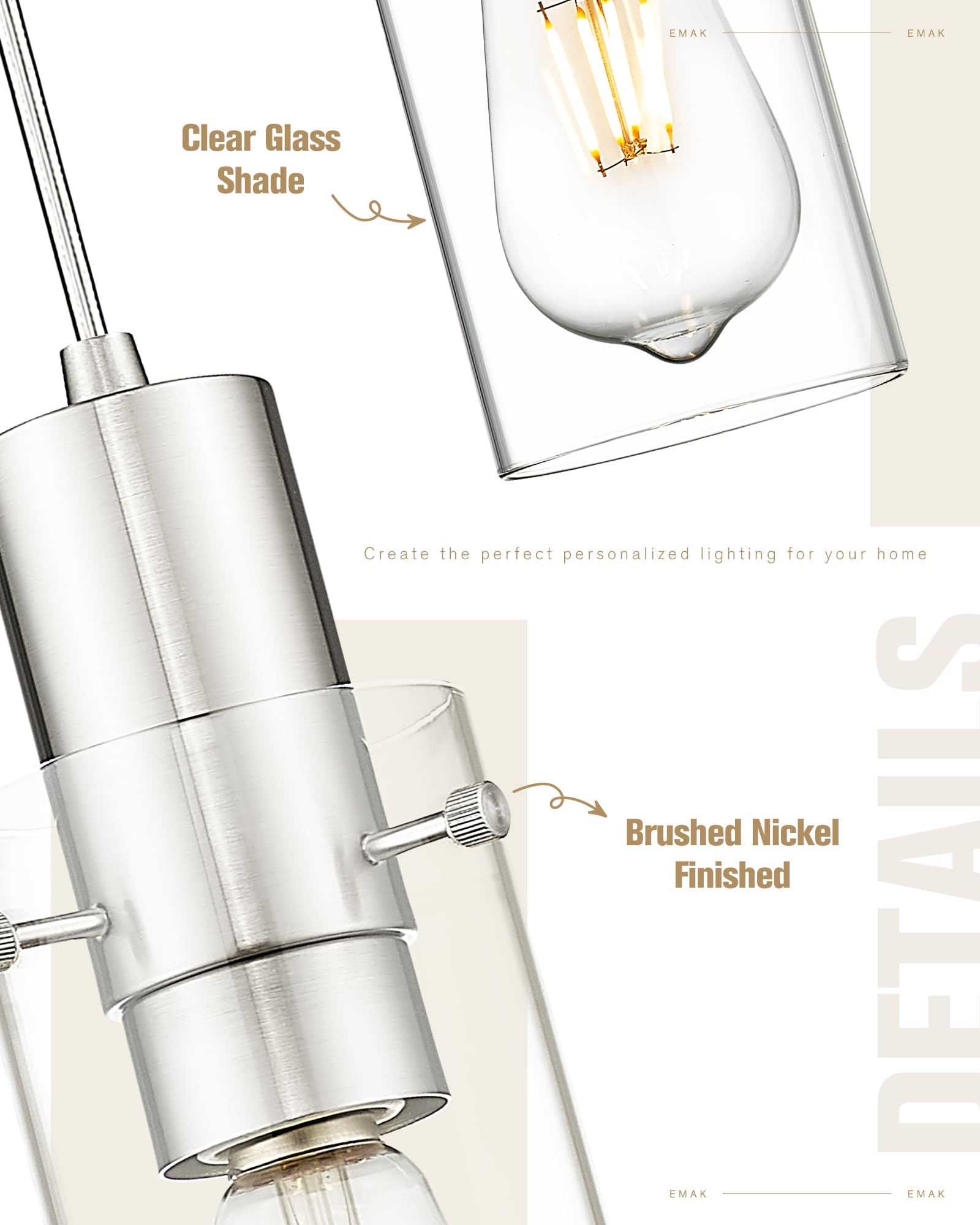 Emak Modern Brushed Nickel Pendant Light, Cluster Pendant Lights Kitchen Island With Clear Glass Shade, 3-Light Hanging Lights F