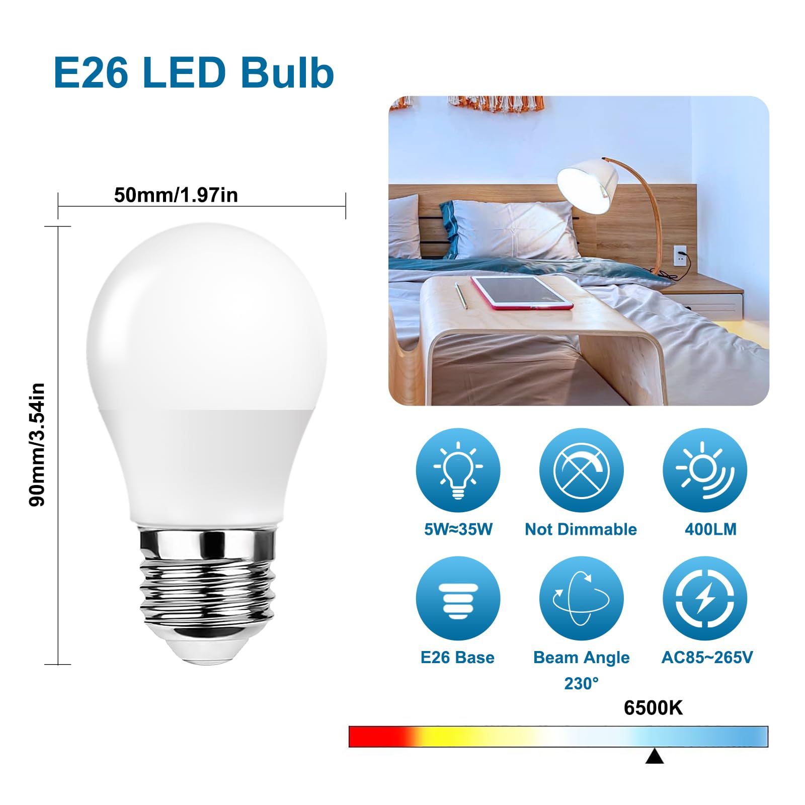 Procrus E26 Led Small Light Bulbs 5 Watts (35W Equivalent) Cool White 6500K 400Lm Led Bulbs For Ceiling Fan,Wall Sconces,Desk La