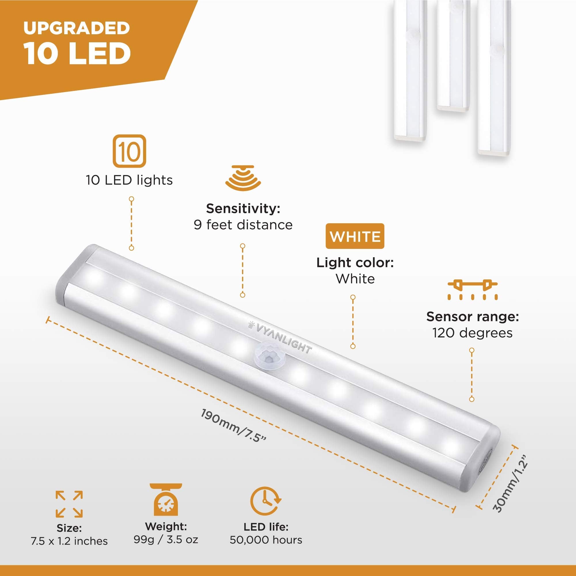 VYANLIGHT Motion Sensor LED Lights, 10 LED Magnetic Night Light Bar, Battery Operated, 3 Pack, White, Model VL309