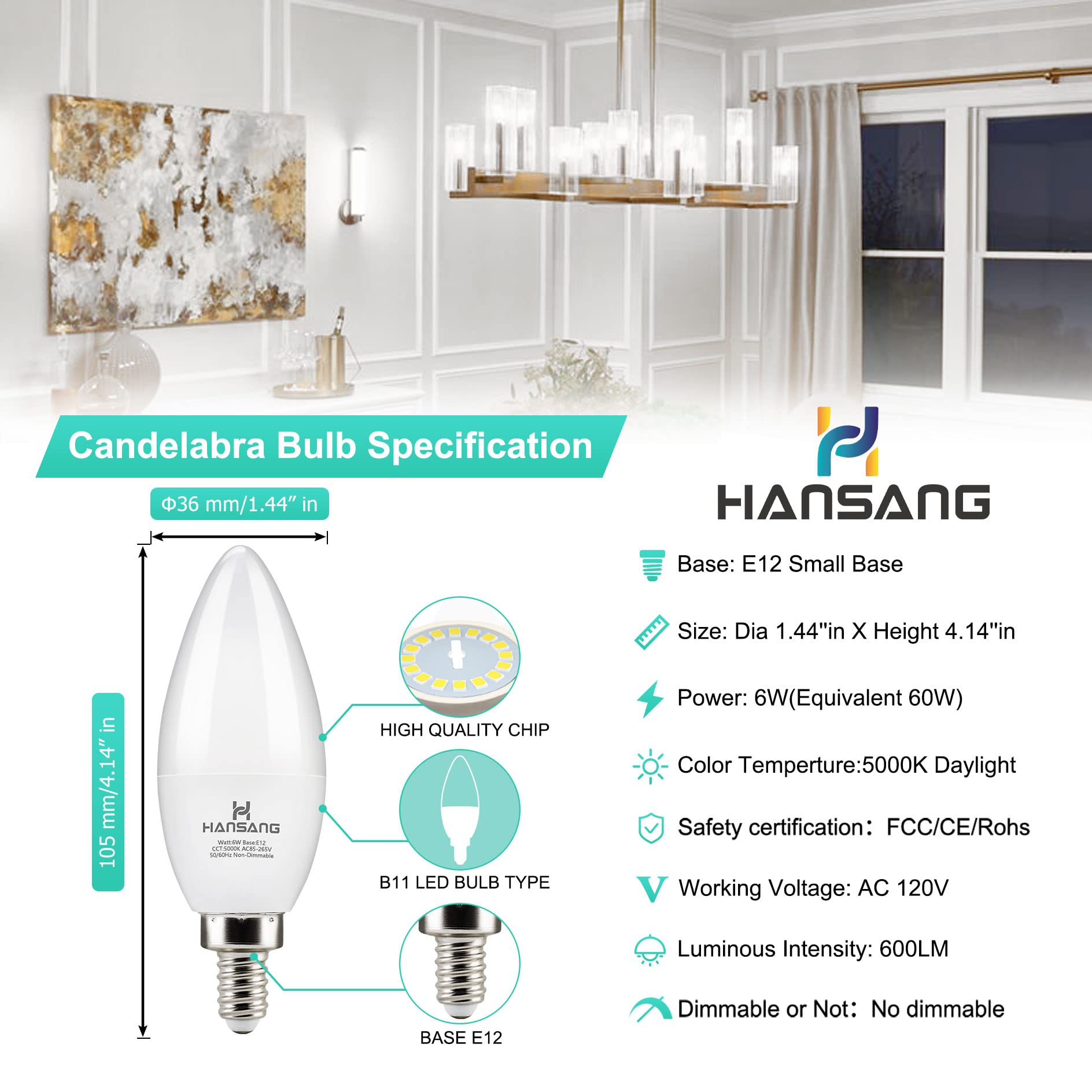 Hansang Led Candelabra Bulbs 6 Watt (60 Watt Equivalent),Daylight 5000K,600Lm Ra>83,Candle Bulb Base E12 For Chandelier B11 Ceil