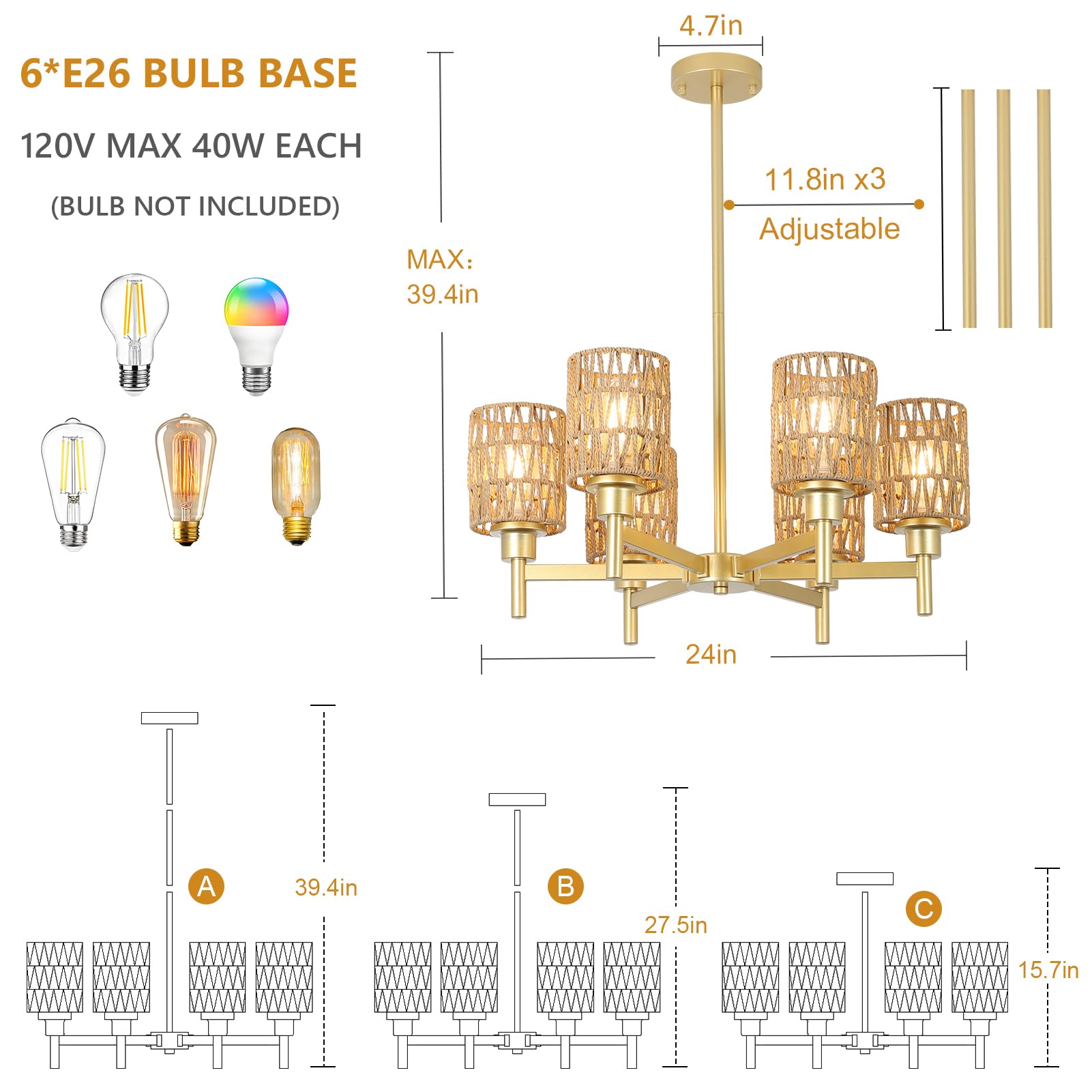 6-Lights Gold Chandelier Light Fixture - Boho Rattan Chandeliers For Dining Room, Farmhouse Kitchen Lighting Fixtures Ceiling, H