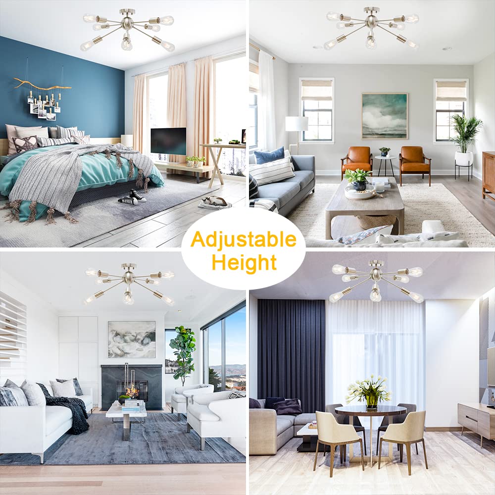 BONLICHT Contemporary 8 Light Sputnik Chandelier, Brushed Nickel, Semi Flush Mount Ceiling Light for Kitchen, Dining Room, Bedroom