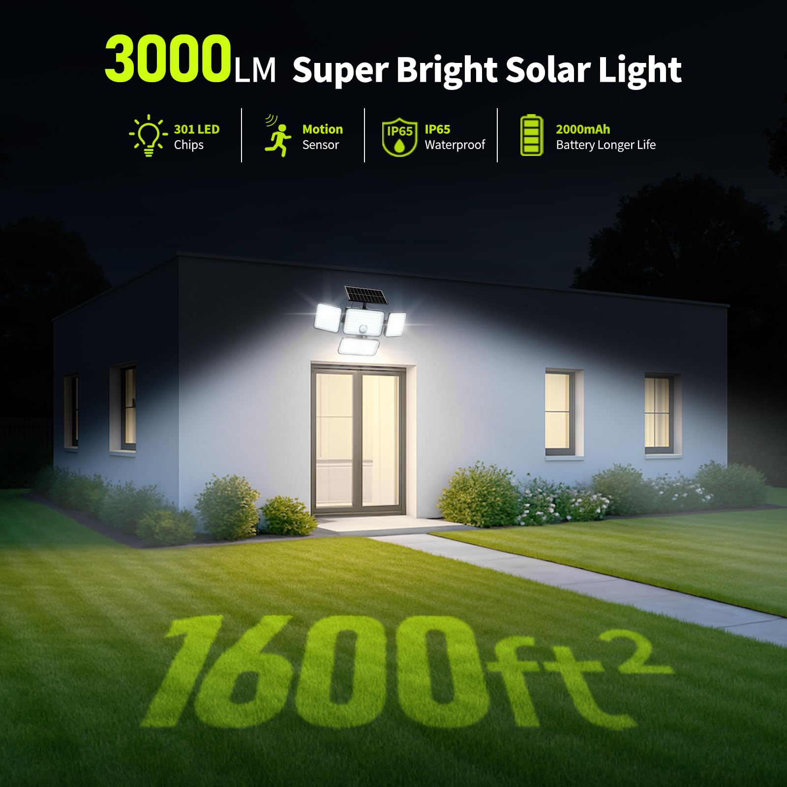 LUMLLSAJI Solar Flood Lights Outdoor, 3000 Lumen, 4 Heads, IP65 Waterproof, Remote Control, 2 Packs, White