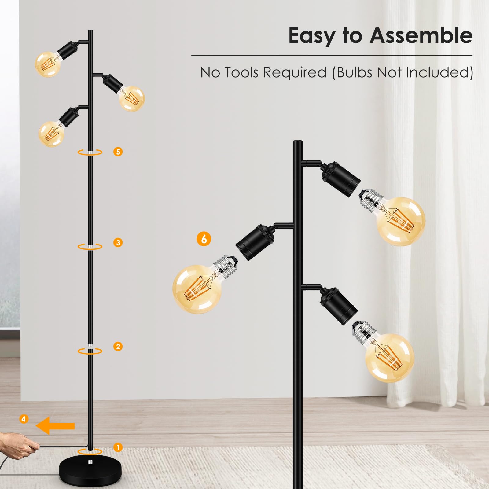 BoostArea Industrial Floor Lamp - Modern Adjustable 3-Light Tree Lamp with Foot Switch, Minimalist Black Metal for Living Room & Bedroom