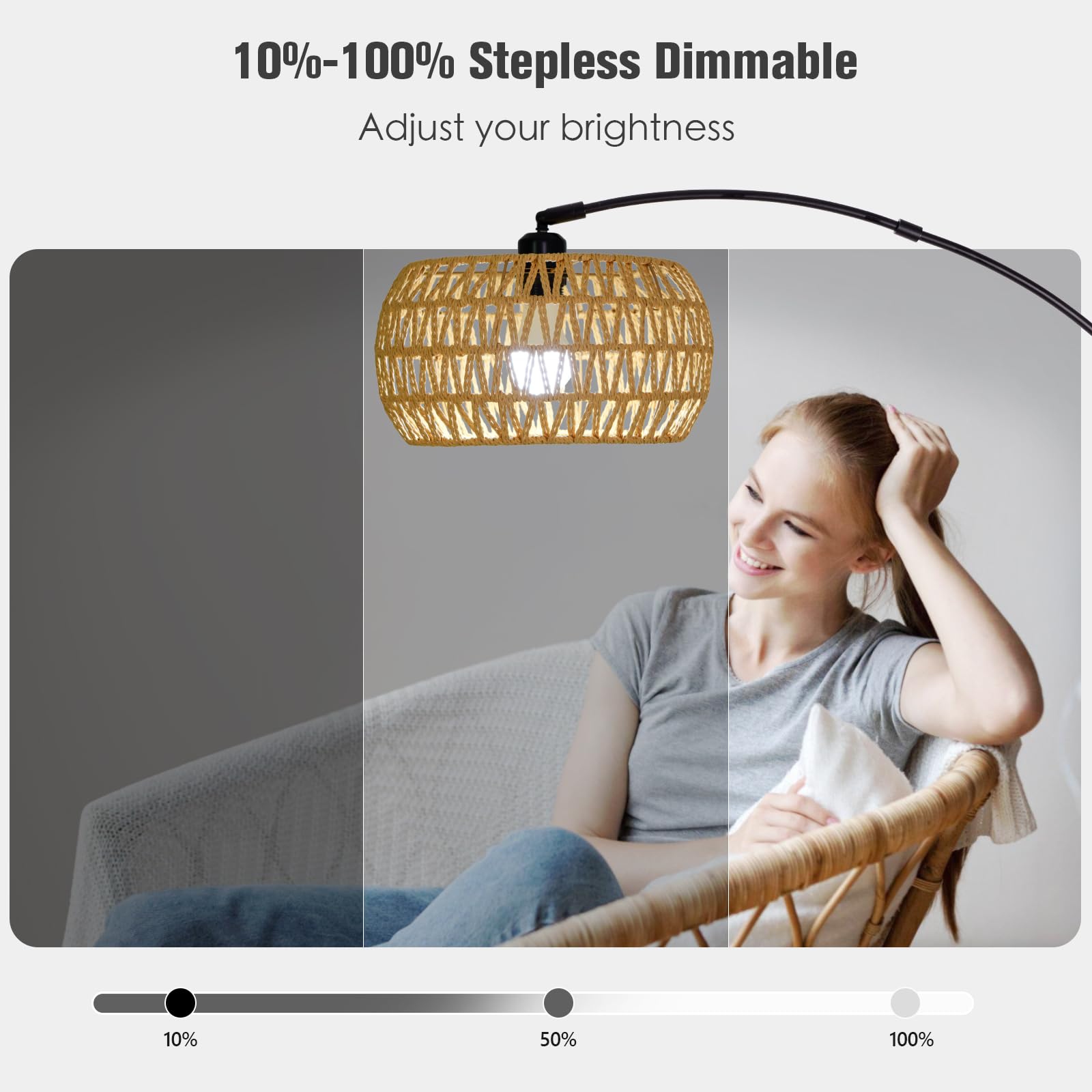 Jinglechoo Rgb Arc Floor Lamp With 3 Color Temperatures, Dimmable Rattan Boho Standing Lamp, App And Remote Control, Modern Tall